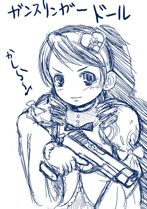 kanaria, gunslinger girl, rozen maiden, translation request, 1girl, blue theme, female focus, gun, handgun, monochrome, oekaki, parody, pistol, sketch, solo, weapon