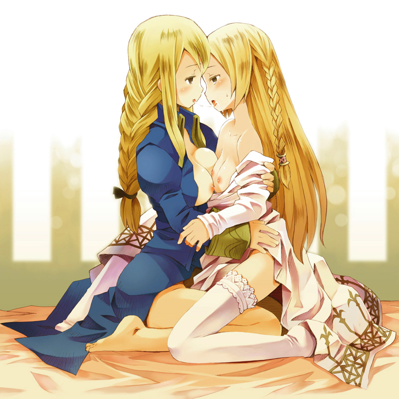 b.tarou, agrias oaks, ovelia atkascha, final fantasy, final fantasy tactics, 2girls, barefoot, blonde hair, blush, braid, breast press, breasts, couple, flat chest, hug, kiss, long hair, multiple girls, nipples, open clothes, profile, robe, saliva, saliva trail, small breasts, thighhighs, yuri