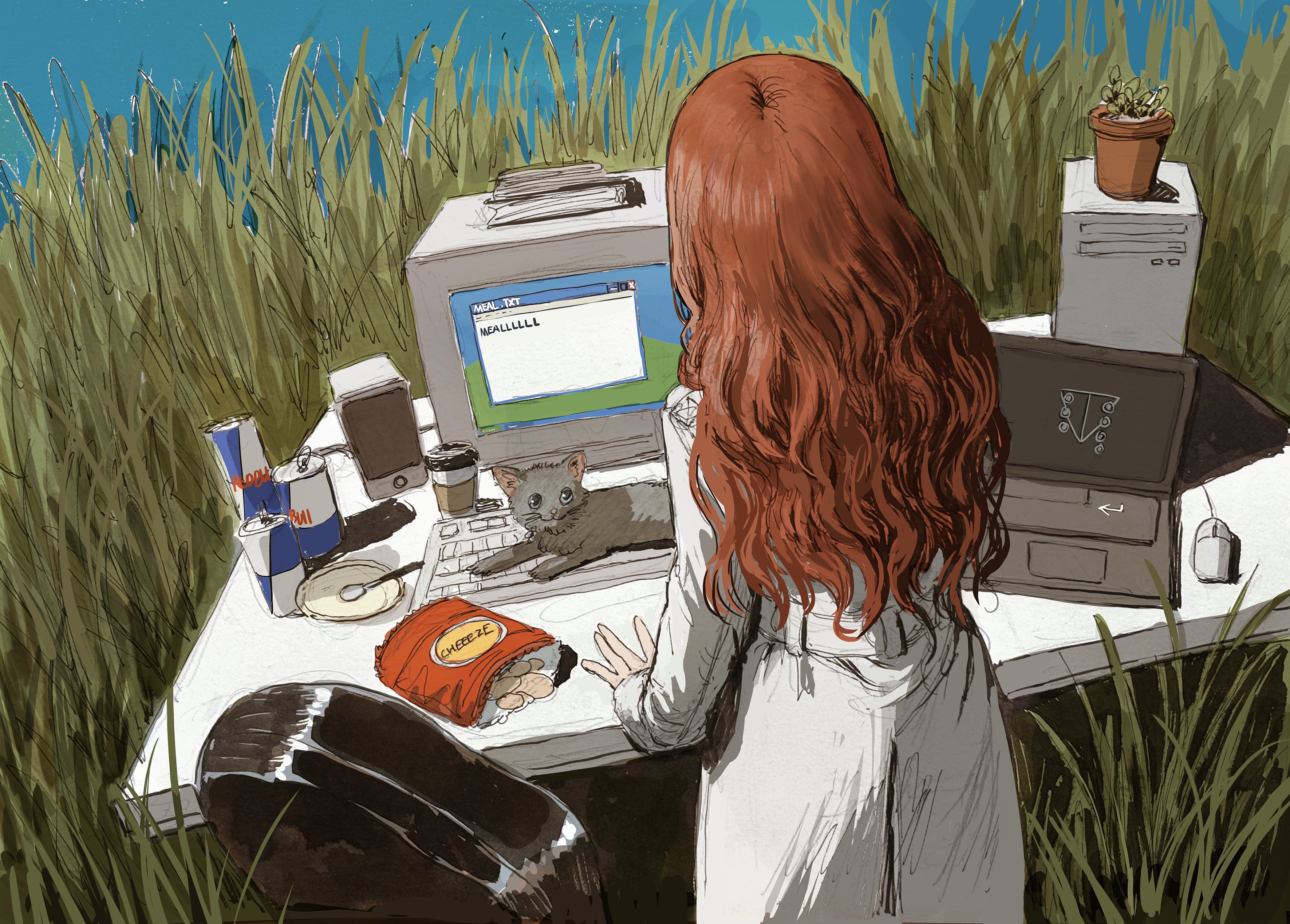 gold can, seele (evangelion), microsoft windows, neon genesis evangelion, original, windows xp, absurdres, highres, 1girl, can, cat, cat on keyboard, chair, chips (food), computer, computer mouse, cowboy shot, desk, english text, facing away, food, from behind, grass, lab coat, long hair, looking at another, outdoors, plant, potted plant, red hair, solo, speaker, window (computing)