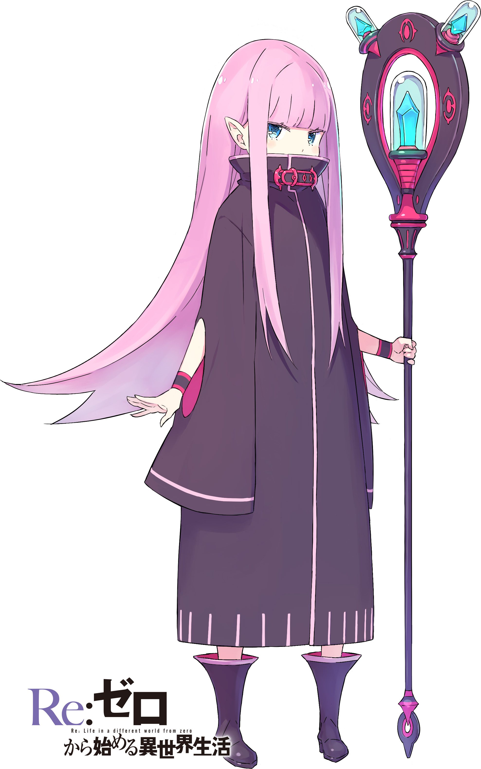 ootsuka shin'ichirou, ryuzu meyer, re:zero kara hajimeru isekai seikatsu, absurdres, commentary request, highres, official art, 1girl, black boots, blue eyes, blunt bangs, blush, boots, clothing cutout, collared robe, copyright name, english text, flipped hair, full body, holding, holding staff, holding weapon, long hair, long sidelocks, long sleeves, looking at viewer, open hand, pink hair, pointy ears, sidelocks, simple background, solo, staff, standing, tachi-e, very long hair, weapon, white background, wide sleeves, wristband