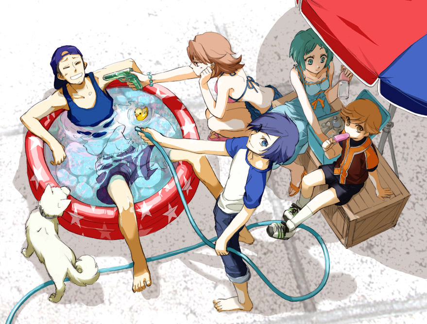 kumo, kumoya yukio, amada ken, iori junpei, koromaru (persona), takeba yukari, yamagishi fuuka, yuuki makoto (persona 3), atlus, persona, persona 3, bad id, bad pixiv id, 2girls, 3boys, barefoot, bikini, bikini top only, denim, denim shorts, dog, dress, drink, flip-flops, food, from above, hose, ice cream, multiple boys, multiple girls, official alternate costume, popsicle, sandals, short shorts, shorts, summer, sundress, swimsuit, wading pool, water, water gun
