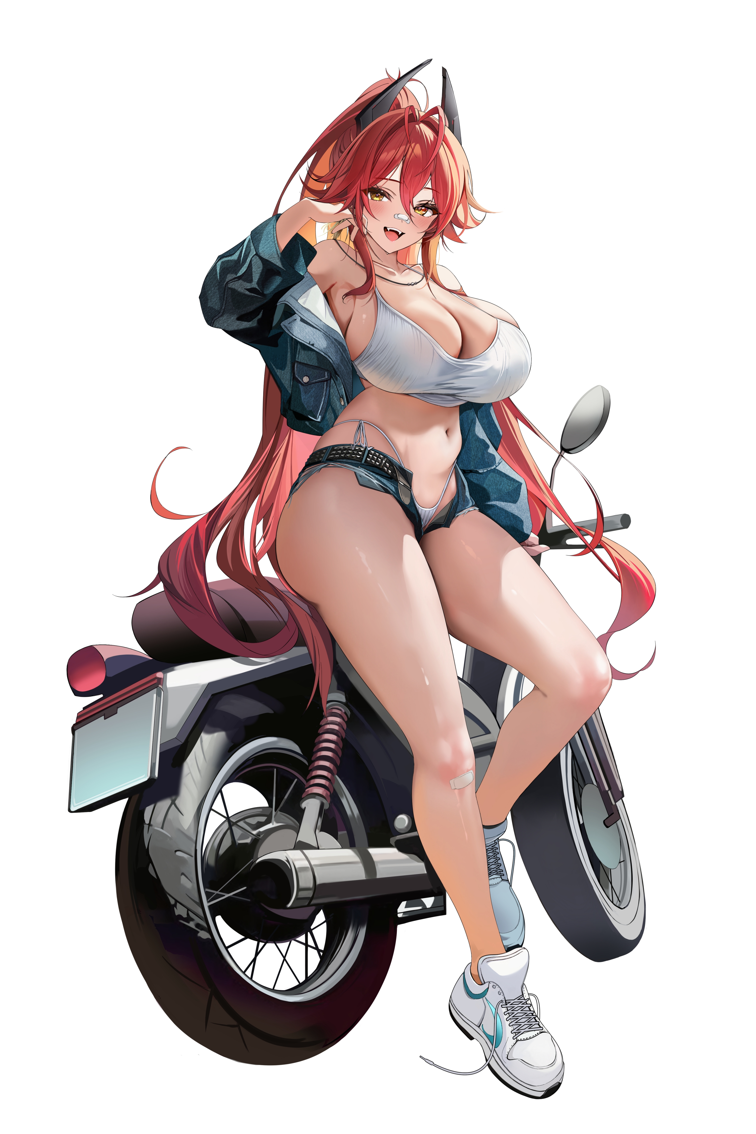 hido (cherryhido), red hood (nikke), red hood (retro days) (nikke), goddess of victory: nikke, absurdres, commentary, english commentary, highres, 1girl, :d, bandaid, bandaid on face, bandaid on nose, bare shoulders, blush, breasts, camisole, cleavage, full body, hair between eyes, hand up, highleg, highleg panties, horns, huge breasts, jacket, long hair, long sleeves, looking at viewer, micro shorts, motor vehicle, motorcycle, navel, official alternate costume, open clothes, open fly, open jacket, open mouth, open shorts, panties, ponytail, red hair, shoes, shorts, side-tie panties, simple background, smile, solo, standing, stomach, teeth, thighs, underwear, upper teeth only, white background, white camisole, white panties, white shoes, yellow eyes