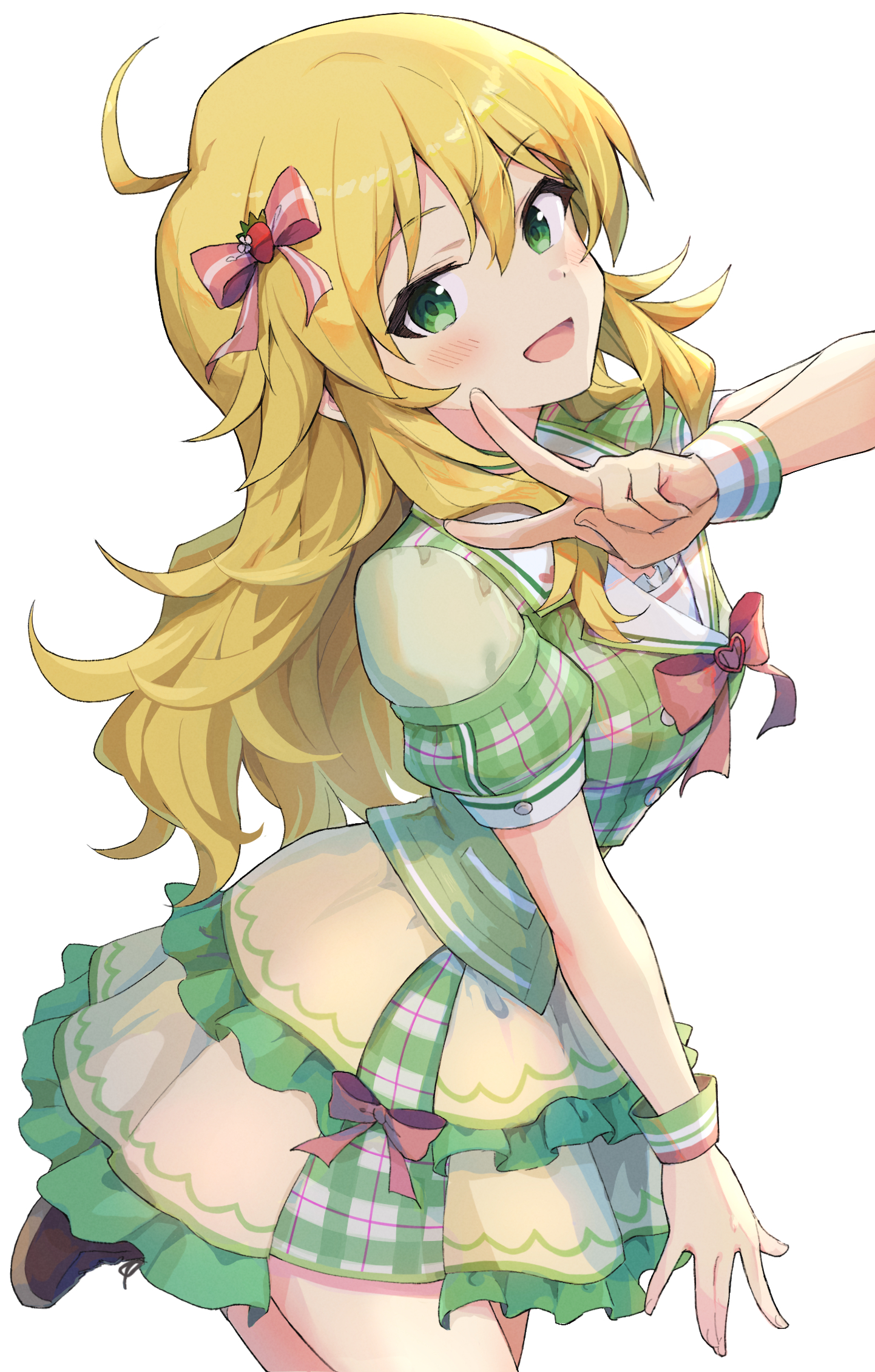 shuucream (syuichi), hoshii miki, idolmaster, idolmaster (classic), commentary request, highres, 1girl, blonde hair, blush, bow, green eyes, green shirt, hair between eyes, hair bow, long hair, looking at viewer, open mouth, pink bow, plaid clothes, plaid shirt, shirt, simple background, smile, solo, standing, standing on one leg, v, white background