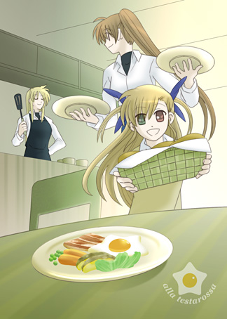 fate testarossa, takamachi nanoha, vivio, lyrical nanoha, mahou shoujo lyrical nanoha, mahou shoujo lyrical nanoha strikers, lowres, 00s, 3girls, apron, blonde hair, breakfast, brown hair, casual, family, food, heterochromia, long hair, multiple girls, side ponytail, smile, takamachi family, yuri