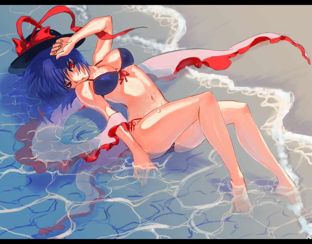 vica, nagae iku, touhou, 1girl, barefoot, beach, bikini, blue hair, breasts, feet, female focus, front-tie top, hat, large breasts, legs, long legs, lying, on back, outdoors, red eyes, shawl, short hair, side-tie bikini bottom, solo, swimsuit, thighs, tsurime, wading, water