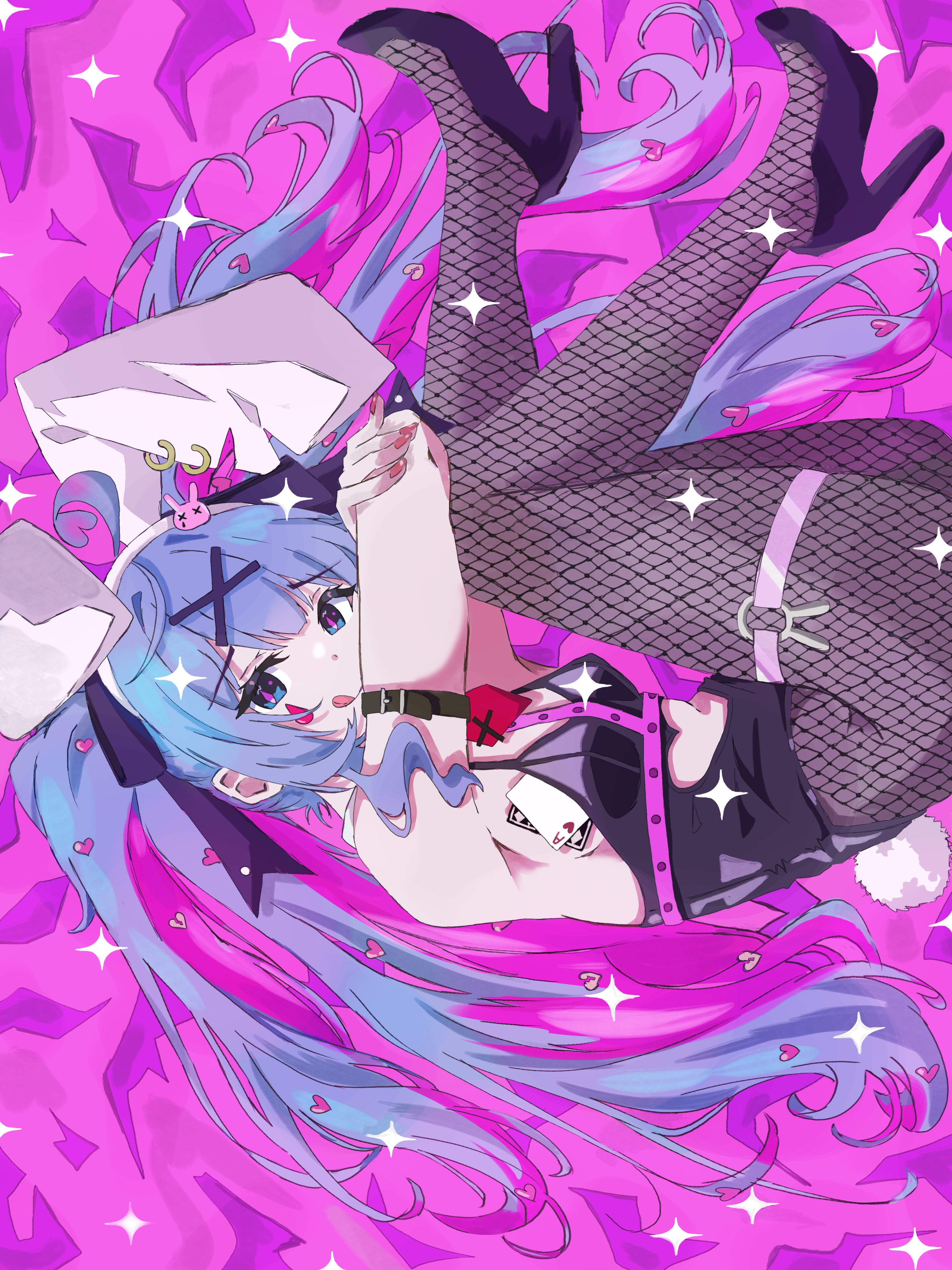 amanotti 01, hatsune miku, rabbit hole (vocaloid), vocaloid, absurdres, highres, 1girl, animal ears, black leotard, black pantyhose, black ribbon, black shoes, blue eyes, blue hair, breasts, fake animal ears, fake tail, fishnet pantyhose, fishnets, hair ornament, hair ribbon, high heels, leotard, long hair, medium breasts, multicolored hair, pantyhose, pink hair, playboy bunny, rabbit ears, rabbit tail, ribbon, shoes, solo, tail, teardrop facial mark, tongue, tongue out, twintails, very long hair, x hair ornament