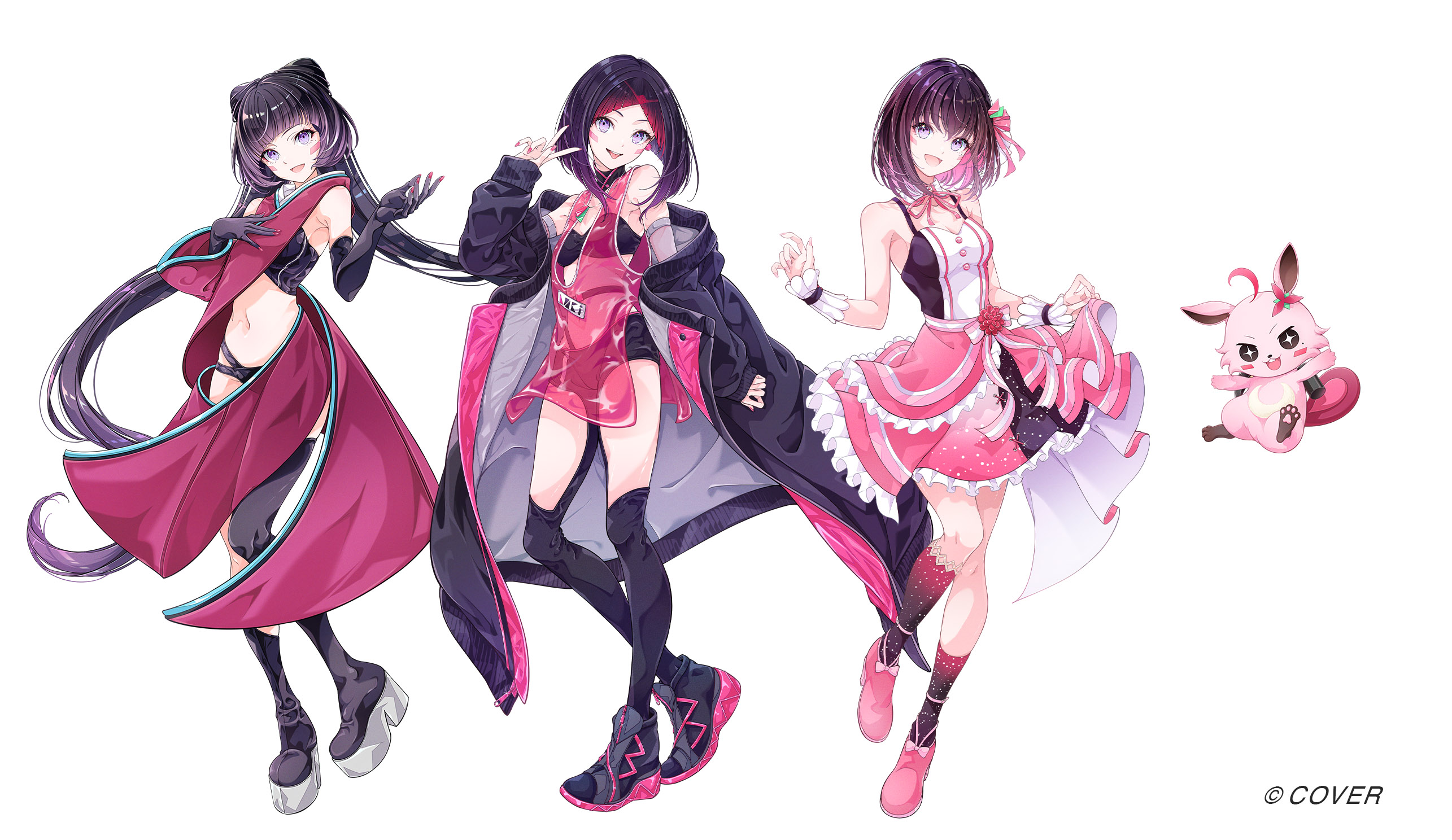 muto (n0sug4r), azki (1st costume) (hololive), azki (2nd costume) (hololive), azki (3rd costume) (hololive), azki (hololive), pioneer (azki), hololive, commentary, commentary request, english commentary, highres, mixed-language commentary, official art, 3girls, :d, asymmetrical footwear, asymmetrical legwear, bagel, bikini, black bikini, black boots, black bra, black coat, black dress, black gloves, black hair, black panties, black pants, black shoes, black socks, blunt bangs, bob cut, boots, bow, bra, breasts, clothing cutout, coat, colored inner hair, colored shoe soles, copyright name, detached collar, detached sleeves, double bun, dress, elbow gloves, facial mark, frilled wrist cuffs, frills, full body, gloves, gradient hair, gradient legwear, hair bun, hand up, highleg, highleg panties, idol, idol clothes, inverted bob, knee boots, kneehighs, long coat, long hair, looking at viewer, low twintails, medium breasts, medium hair, mole, mole under eye, multi-strapped bikini bottom, multicolored dress, multicolored hair, multiple girls, navel, neck ribbon, off shoulder, official alternate costume, official alternate hairstyle, open mouth, panties, pants, panty straps, pink dress, pink hair, pink ribbon, pink sash, pink shoes, pink socks, platform boots, purple eyes, purple hair, red dress, red sleeves, ribbon, sash, see-through clothes, see-through dress, shoes, short dress, short hair, side up bun, simple background, single detached sleeve, single knee boot, single kneehigh, single sock, single thigh boot, skirt hold, sleeveless, sleeveless dress, small breasts, smile, sneakers, socks, stomach, strapless, strapless bra, swimsuit, thigh boots, thigh cutout, twintails, underwear, uneven footwear, uneven legwear, v, very long hair, virtual youtuber, waist bow, white background, white dress, wrist cuffs