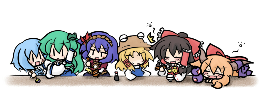 yanagi (nurikoboshi), hakurei reimu, ibuki suika, kochiya sanae, moriya suwako, tatara kogasa, yasaka kanako, touhou, 6+girls, chibi, drunk, female focus, food, hat, multiple girls, white background, | |