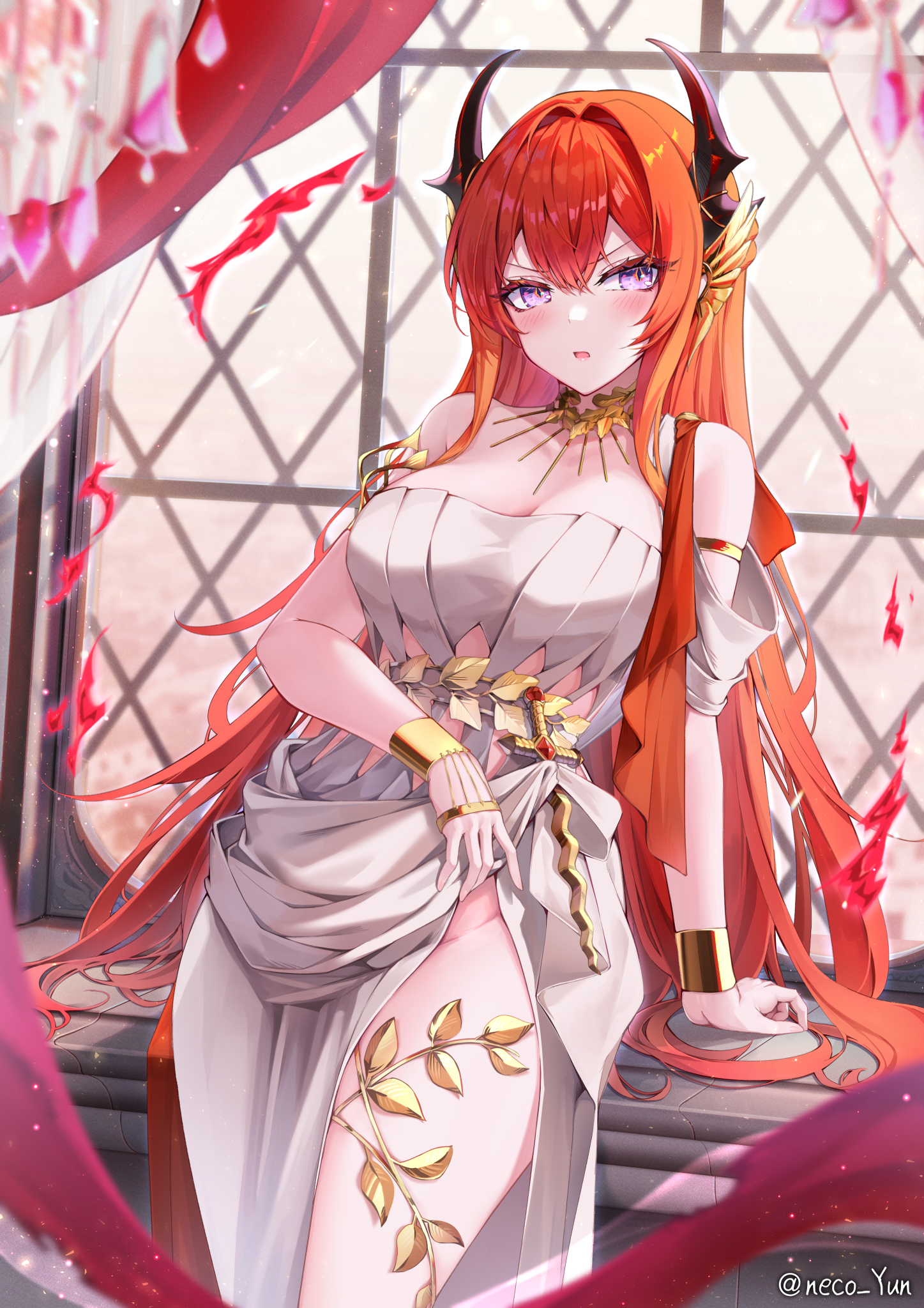 yeosi, surtr (arknights), arknights, commentary request, highres, 1girl, bare shoulders, breasts, cleavage, demon girl, demon horns, dress, horns, large breasts, long hair, no panties, purple eyes, red hair, solo, thighs, twitter username, very long hair, white dress, window