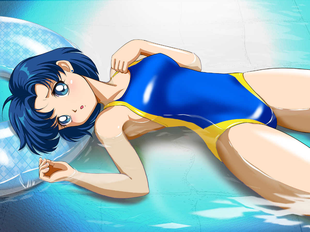 pirochi, mizuno ami, bishoujo senshi sailor moon, md5 mismatch, resolution mismatch, source larger, 1990s (style), 1girl, blue eyes, blue hair, blue theme, competition swimsuit, earrings, female focus, innertube, jewelry, lying, matching hair/eyes, one-piece swimsuit, retro artstyle, shiny clothes, short hair, solo, submerged, swim ring, swimsuit, water