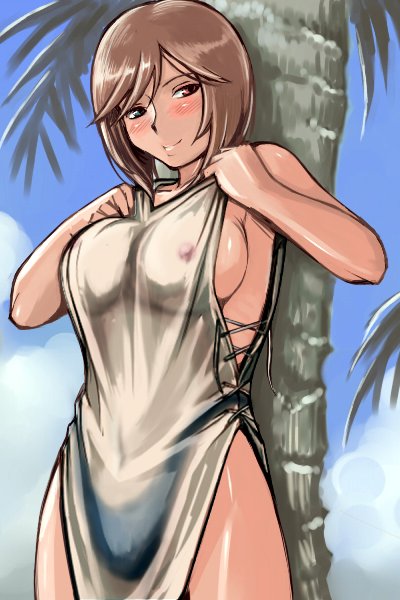 tsuda nanafushi, souseiseki, rozen maiden, third-party edit, 00s, 1girl, aged up, bikini, breasts, brown hair, cleavage, day, female focus, heterochromia, large breasts, nipples, see-through clothes, short hair, sideboob, solo, swimsuit, wet