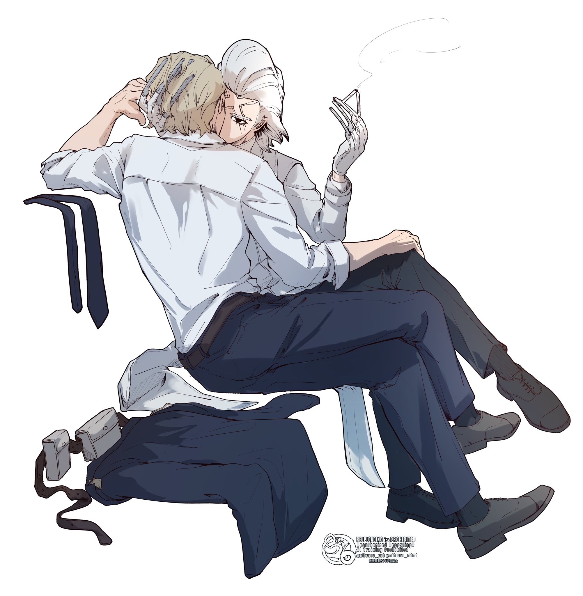 mitsuru (aica hikari), dr. stone, highres, 2boys, belt, black necktie, black pants, black socks, blonde hair, blue necktie, blue pants, brown belt, cigarette, coat, crossed legs, full body, gloves, hair slicked back, hand in another's hair, hand on another's head, hand on own knee, holding, holding cigarette, invisible chair, jacket, kiss, lab coat, long sleeves, male focus, multiple boys, necktie, pants, scar, scar on face, shirt, shoes, short hair, simple background, single glove, sitting, smoke, socks, stanley snyder (dr.stone), undone necktie, unworn coat, unworn gloves, unworn jacket, unworn necktie, white background, white gloves, white hair, white shirt, xeno (dr.stone), yaoi