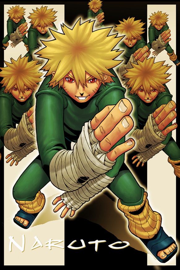dxsinfinite, rock lee, uzumaki naruto, naruto (classic), naruto (series), 6+boys, bandages, blonde hair, cosplay, fighting stance, leg warmers, male focus, multiple boys, red eyes, rock lee (cosplay), sandals, short hair, simple background, smile, spandex, teeth