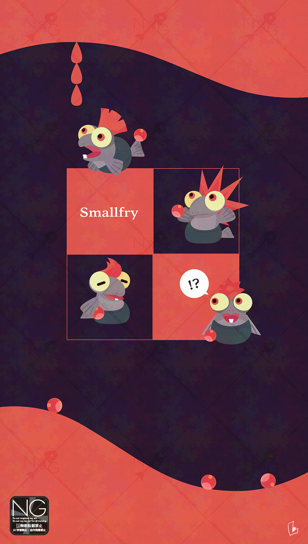 meme (sleepsheep), smallfry (splatoon), nintendo, splatoon (series), splatoon 3, commentary, highres, symbol-only commentary, !?, animal focus, closed eyes, closed mouth, mohawk, no humans, open mouth, red hair, salmonid, speech bubble, tail, teeth