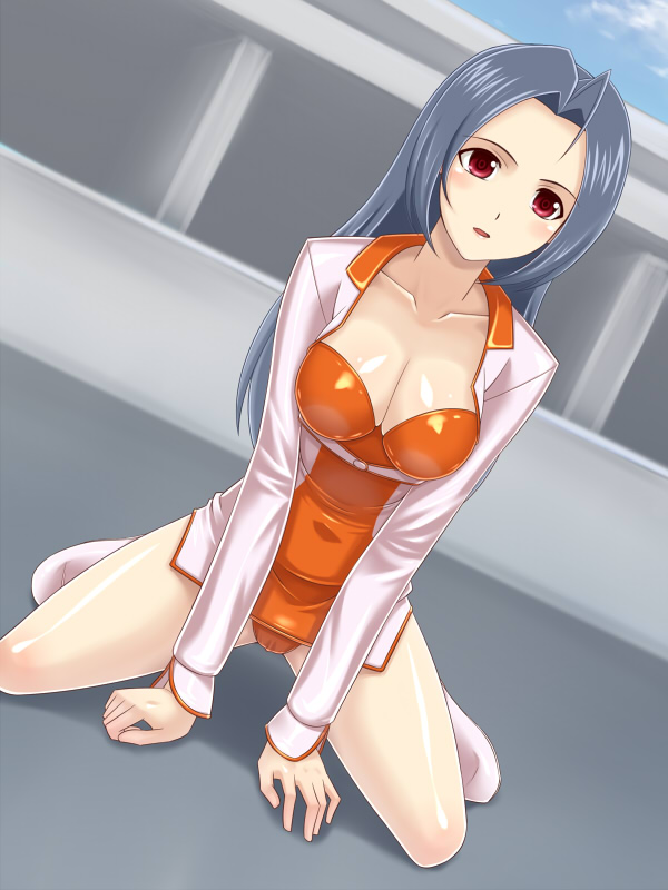 muhi11234, miura azusa, idolmaster, idolmaster (classic), 00s, 1girl, ahoge, blue hair, boots, breasts, cleavage, female focus, kneeling, long hair, red eyes, solo