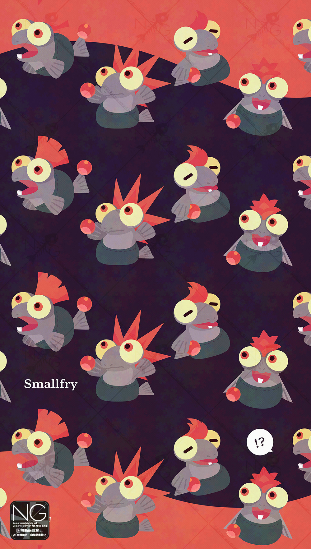 meme (sleepsheep), smallfry (splatoon), nintendo, splatoon (series), splatoon 3, commentary, highres, symbol-only commentary, !?, animal focus, closed eyes, closed mouth, mohawk, no humans, open mouth, red hair, salmonid, speech bubble, tail, teeth