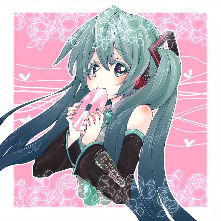 kiri (kyannsa01), hatsune miku, vocaloid, 1girl, aqua eyes, aqua hair, aqua nails, cd, detached sleeves, female focus, headphones, long hair, mouth hold, nail polish, necktie, solo, twintails, zanri