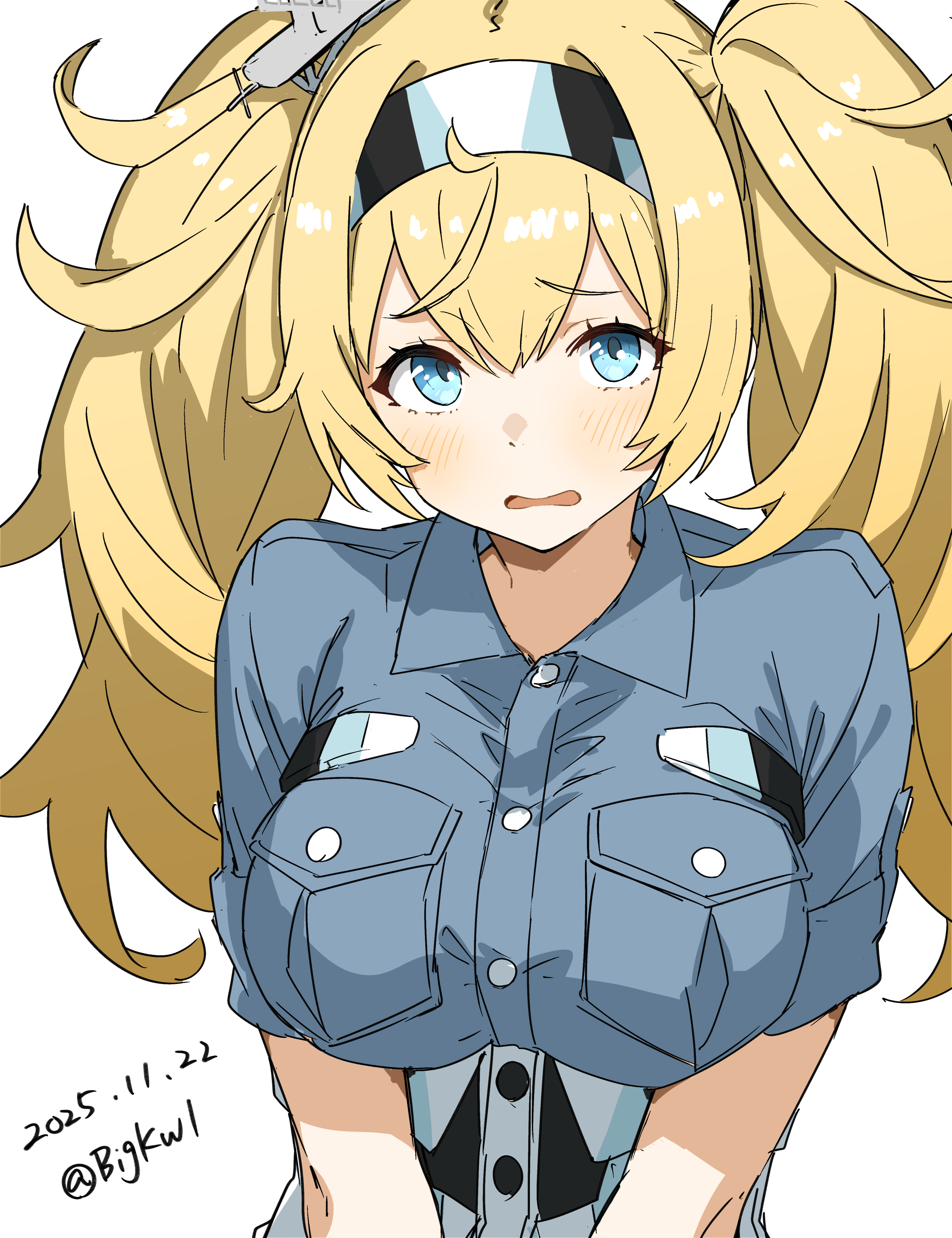bigkwl, gambier bay (kancolle), kantai collection, absurdres, commentary, highres, 1girl, blonde hair, blue eyes, blue shirt, blush, breast pocket, breasts, buttons, collared shirt, dated, dated commentary, hair between eyes, hairband, large breasts, long hair, looking at viewer, one-hour drawing challenge, open mouth, pocket, shirt, short sleeves, simple background, solo, twintails, twitter username, upper body, white background, white hairband