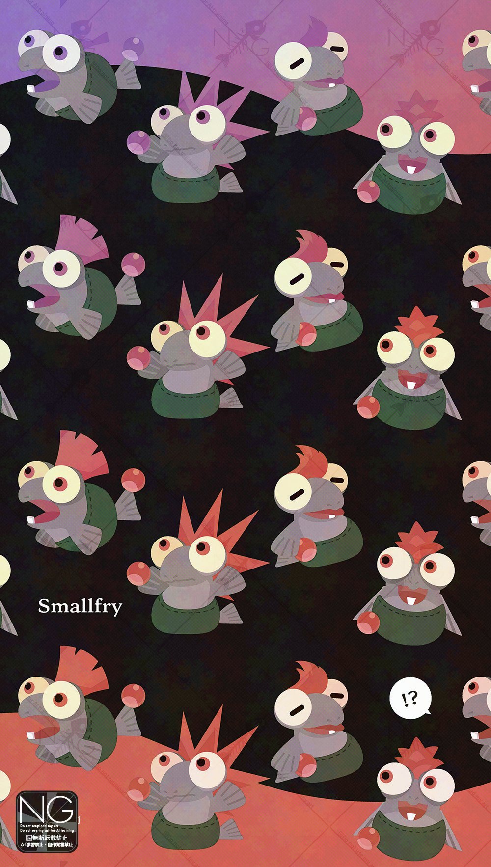 meme (sleepsheep), smallfry (splatoon), nintendo, splatoon (series), splatoon 3, commentary, highres, symbol-only commentary, !?, animal focus, closed eyes, closed mouth, mohawk, no humans, open mouth, purple hair, red hair, salmonid, speech bubble, tail, teeth