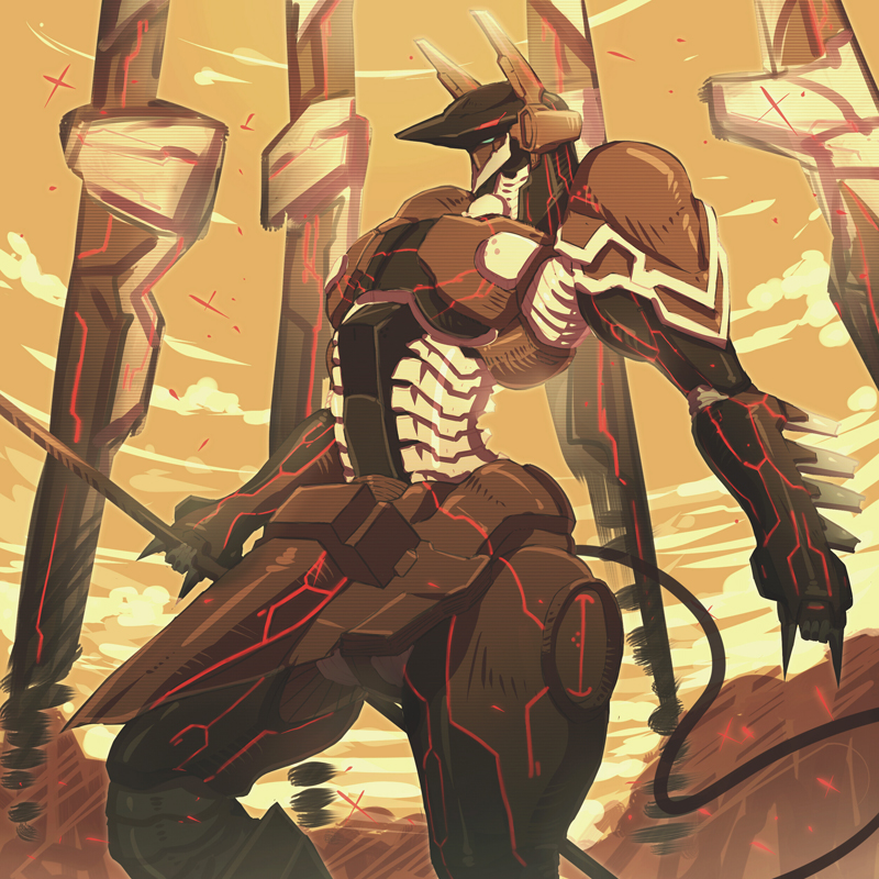 is ii, anubis (mythology), anubis (z.o.e.), egyptian mythology, konami, zone of the enders, zone of the enders 2, bad id, bad pixiv id, 00s, mecha, neon trim, no humans, orbital frame (zone of the enders), polearm, robot, solo, staff, super robot, tail, weapon