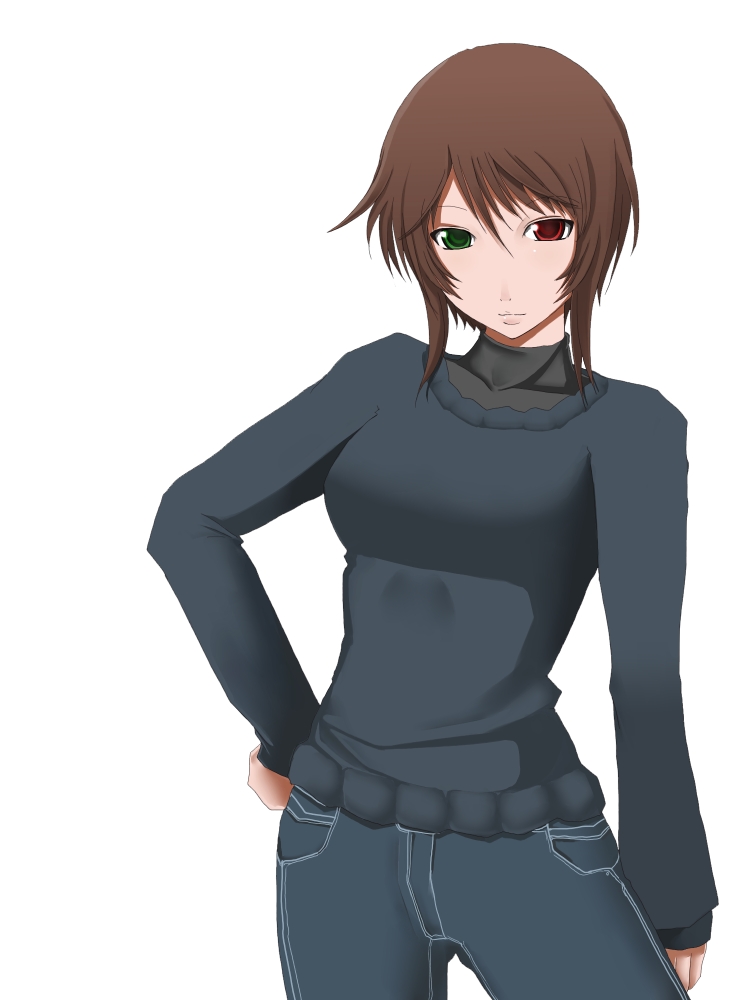 chemical-x, souseiseki, rozen maiden, 00s, 1girl, aged up, breasts, brown hair, casual, denim, female focus, heterochromia, jeans, pants, short hair, simple background, solo, sweater, white background