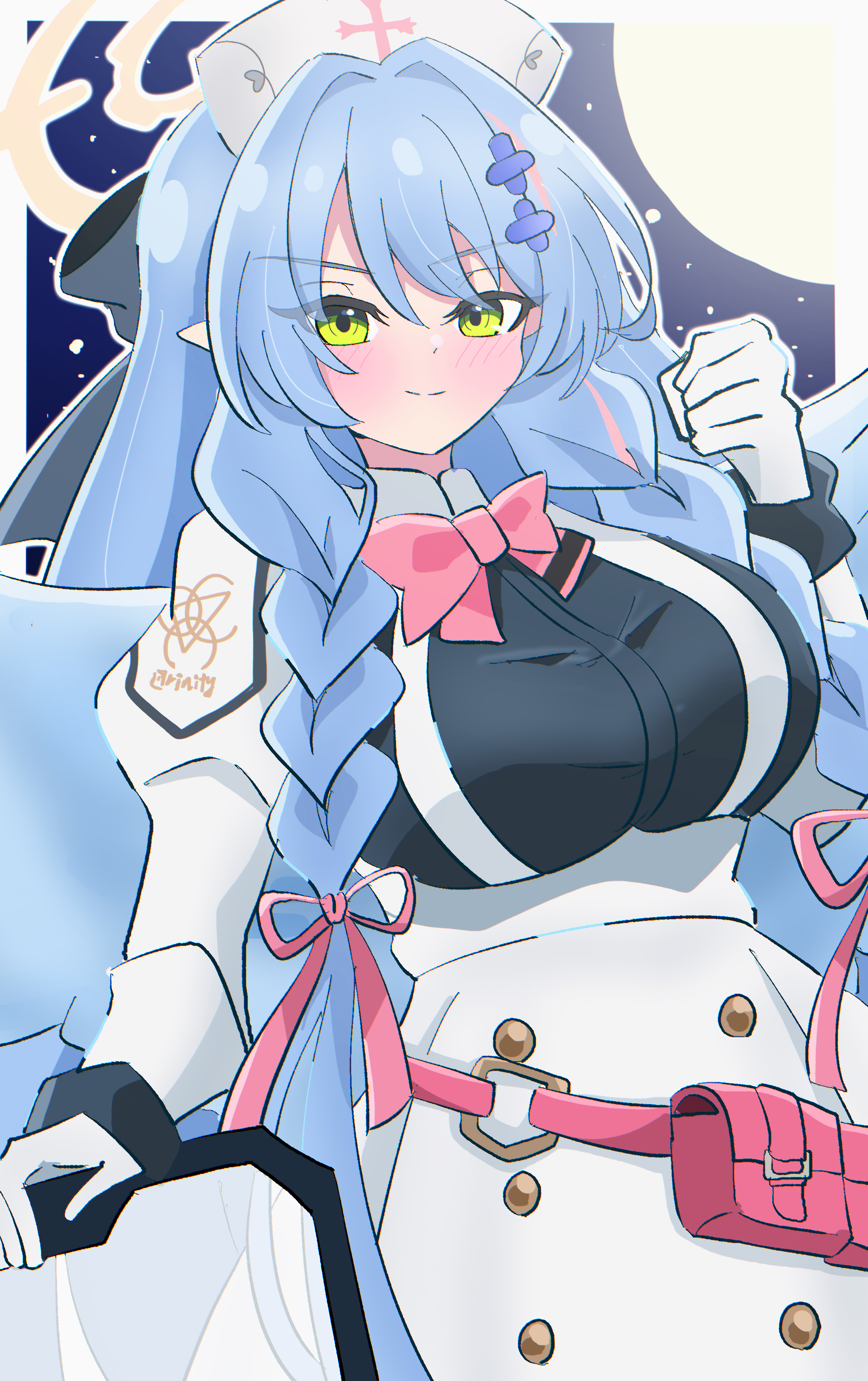 shimotsukiya, mine (blue archive), blue archive, absurdres, highres, 1girl, ballistic shield, blue hair, blue wings, blush, bow, braid, breasts, clenched hand, closed mouth, dress, gloves, green eyes, halo, hat, holding, holding shield, large breasts, long hair, nurse cap, pink bow, pointy ears, shield, sidelocks, smile, solo, twin braids, white dress, white gloves, white hat, wings, yellow halo