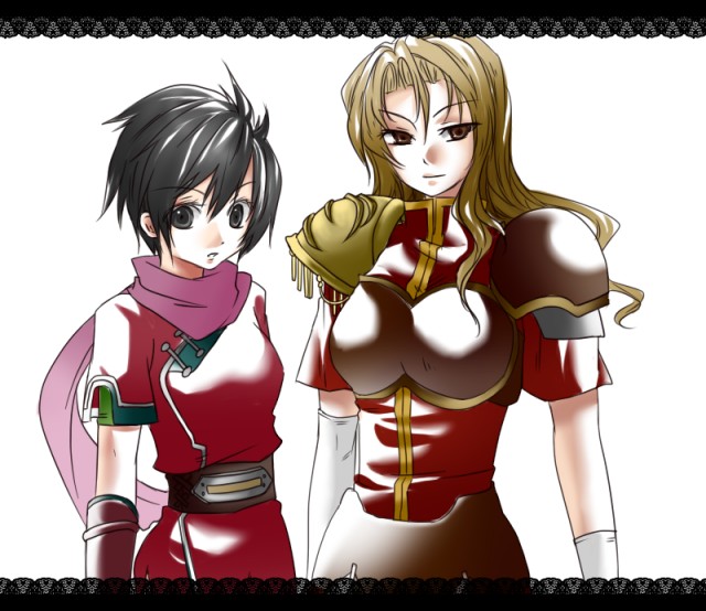 mito ayame, kasumi (suikoden), valeria (suikoden), gensou suikoden, gensou suikoden i, bad id, bad pixiv id, 2girls, armor, black eyes, black hair, blonde hair, breasts, brown eyes, closed mouth, facing viewer, hair between eyes, happy, height difference, long hair, looking at viewer, matching hair/eyes, medium breasts, multiple girls, ninja, parted lips, pauldrons, scarf, short hair, short sleeves, shoulder armor, simple background, smile, standing