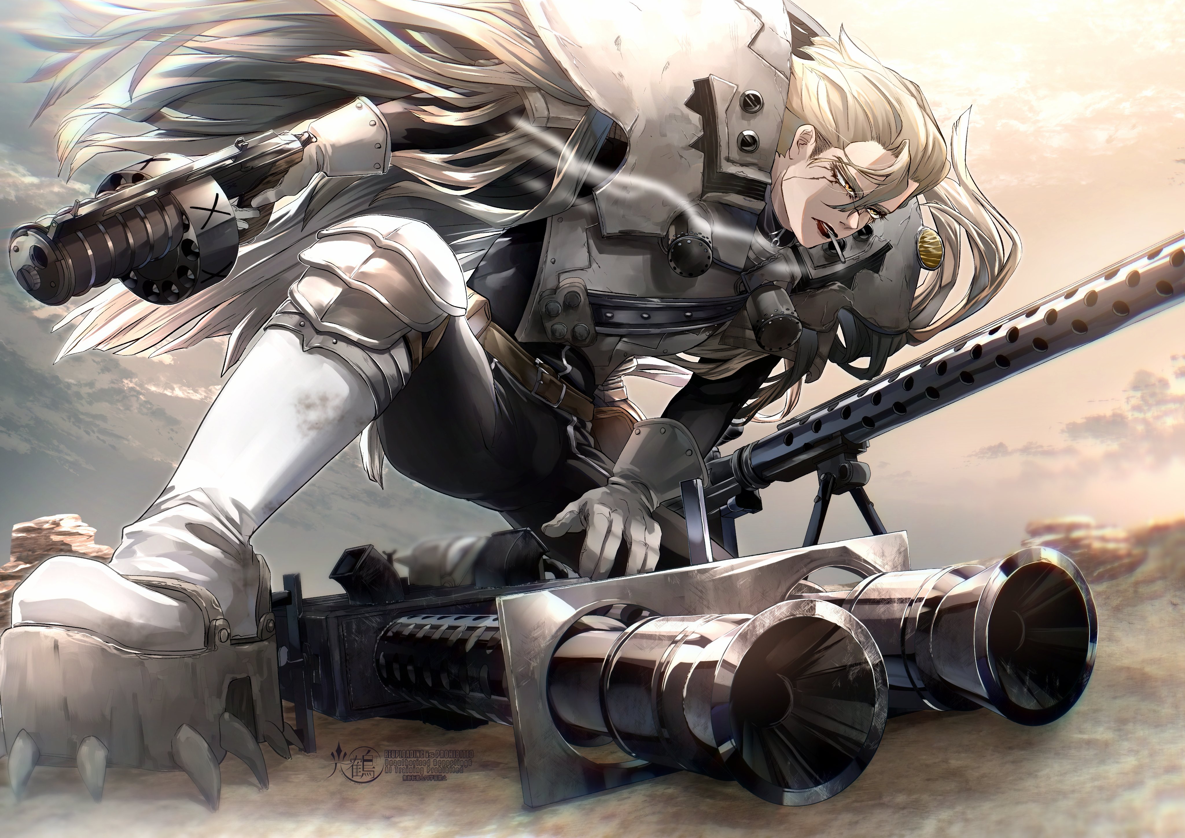 mitsuru (aica hikari), dr. stone, absurdres, highres, 1boy, ammunition belt, anti-materiel rifle, armor, belt, blonde hair, boots, cigar, cloud, explosive, full body, gatling gun, gloves, grenade, gun, handgun, holding, holding gun, holding weapon, knee pads, long hair, machine gun, male focus, mask, mouth hold, on one knee, open mouth, outdoors, pauldrons, pouch, revolver, rifle, scar, scar on face, shoulder armor, signature, sky, smoke, smoking, sniper rifle, solo, stanley snyder (dr.stone), teeth, very long hair, weapon, white gloves, yellow eyes
