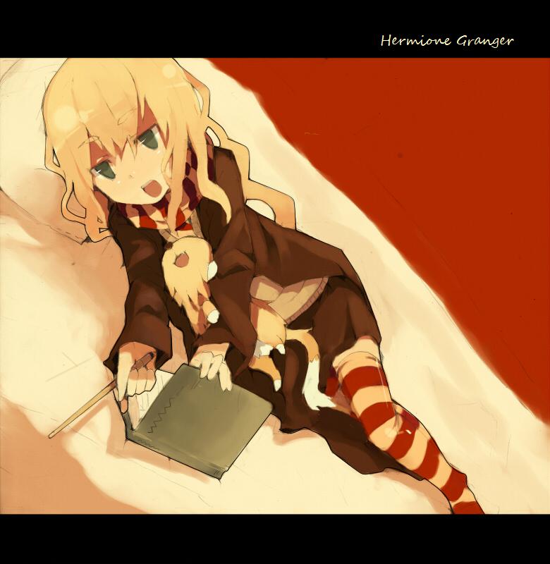 fuukadia (narcolepsy), kneazle, crookshanks, hermione granger, harry potter (series), wizarding world, multicolored legwear, bad id, bad pixiv id, 1boy, 1girl, alternate eye color, alternate hair color, animification, blonde hair, book, cat, character name, female focus, green eyes, long hair, lying, open mouth, robe, scarf, socks, striped clothes, striped scarf, striped socks, striped thighhighs, thighhighs, wand
