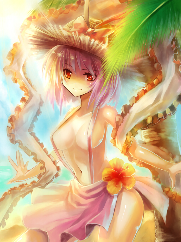 edobox, nagae iku, touhou, 1girl, ||/, beach, breasts, female focus, flower, hat, hibiscus, large breasts, navel, palm tree, purple hair, red eyes, short hair, slingshot swimsuit, smile, solo, sunlight, swimsuit, topfreedom, topless female, tree
