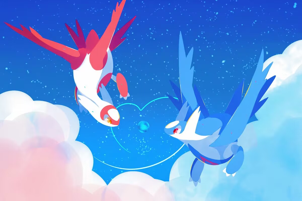 1258265894, latias, latios, nintendo, pokemon, commentary request, blue background, blue sky, claws, cloud, flying, gen 3 pokemon, heart, legendary pokemon, no humans, outdoors, pokemon (creature), red eyes, sky, yellow eyes