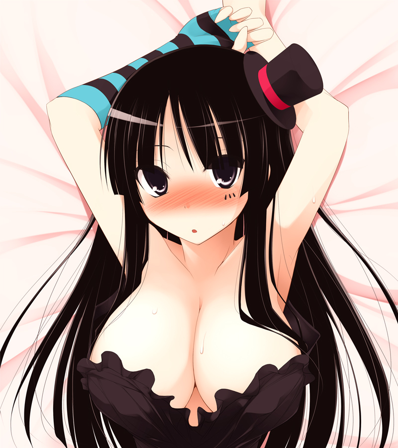 kurikara, akiyama mio, don't say "lazy", k-on!, 00s, 1girl, armpits, arms behind back, arms up, asymmetrical clothes, bare shoulders, black hair, blunt bangs, blush, breasts, cleavage, female focus, fingerless gloves, gloves, hat, hime cut, huge breasts, large breasts, long hair, lying, mini hat, mini top hat, on back, single glove, solo, striped clothes, striped gloves, top hat