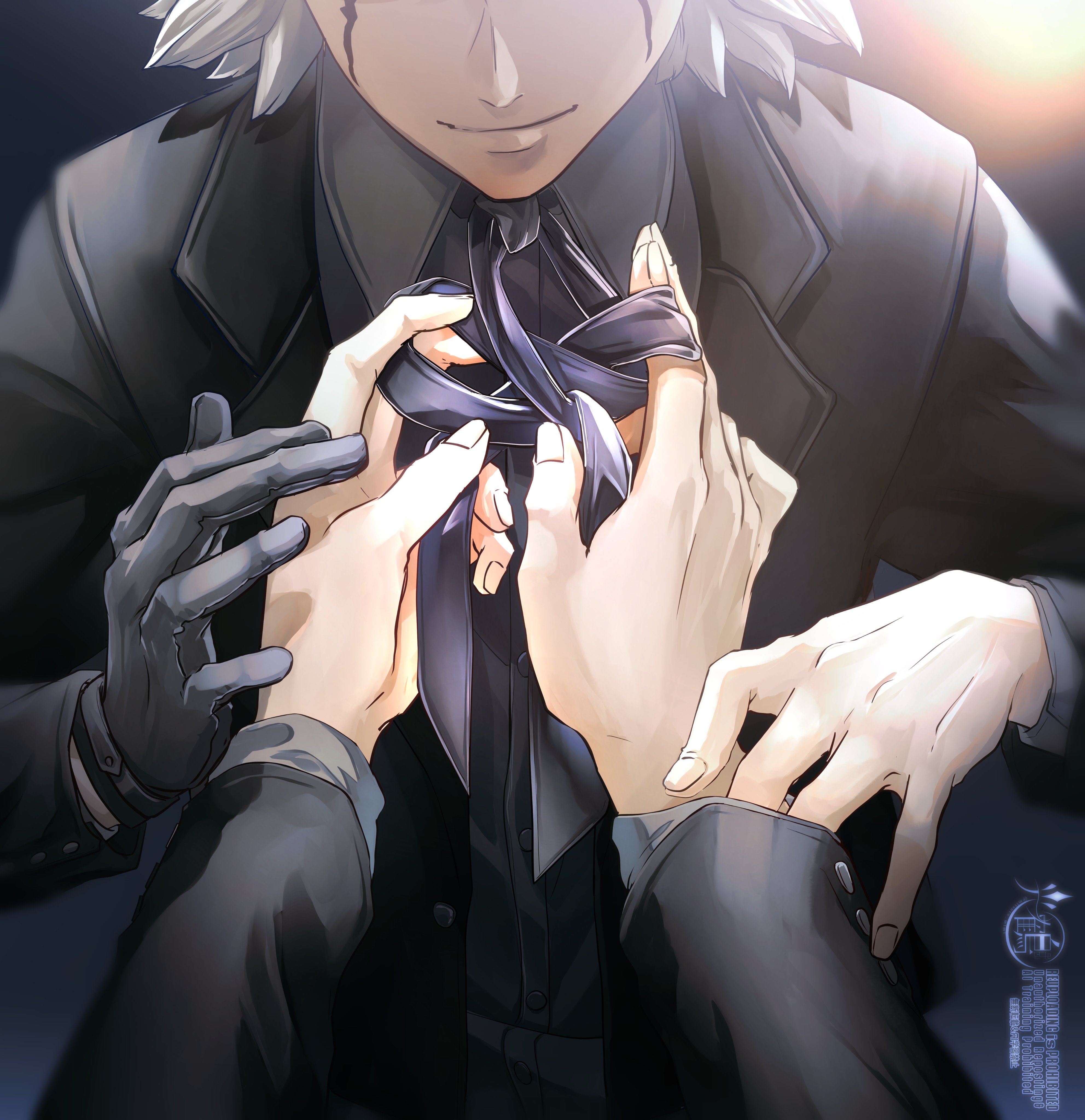 mitsuru (aica hikari), dr. stone, absurdres, highres, 2boys, adjusting clothes, adjusting gloves, black gloves, black jacket, black ribbon, closed mouth, collared shirt, dress shirt, dressing, dressing another, formal clothes, gloves, grey shirt, head out of frame, jacket, long sleeves, male focus, multiple boys, neck ribbon, necktie, open clothes, open jacket, out of frame, pov, pov hands, ribbon, shirt, short hair, single glove, smile, solo focus, stanley snyder (dr.stone), tying, upper body, white hair, xeno (dr.stone)