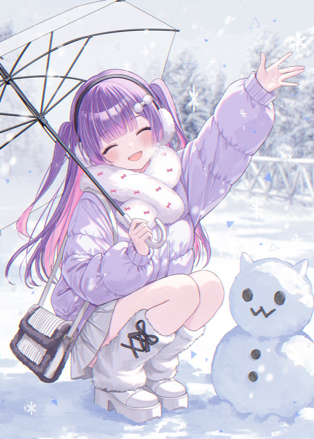 yuzuriha (nx e78), tokoyami towa, hololive, commentary, highres, symbol-only commentary, 1girl, bag, closed eyes, coat, earmuffs, handbag, long hair, purple hair, scarf, skirt, snow, snowflakes, snowman, squatting, two side up, umbrella over shoulder, virtual youtuber, visible air, waving, white scarf, white skirt, winter clothes, winter coat