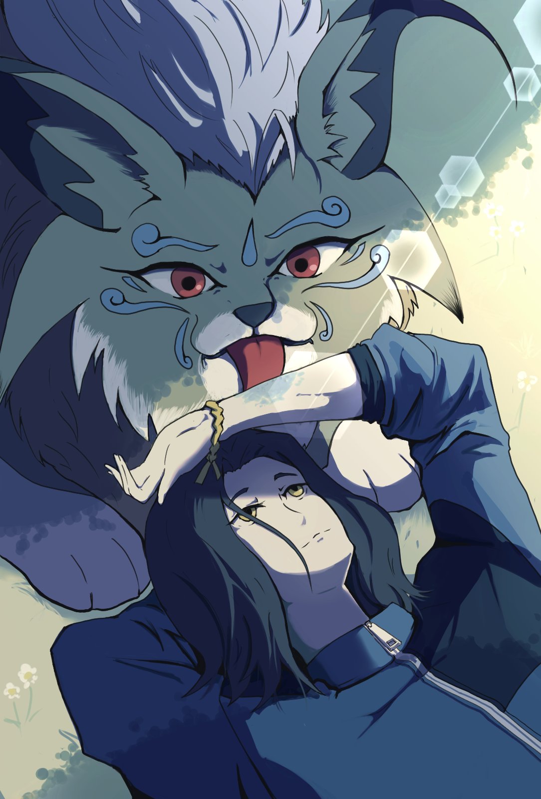 sasamekd, sawashiro kyo, digimon, digimon beatbreak, highres, 1boy, black hair, blue jacket, cougarmon, digimon (creature), jacket, licking, lying, on back, on grass, red eyes, smile, yellow eyes