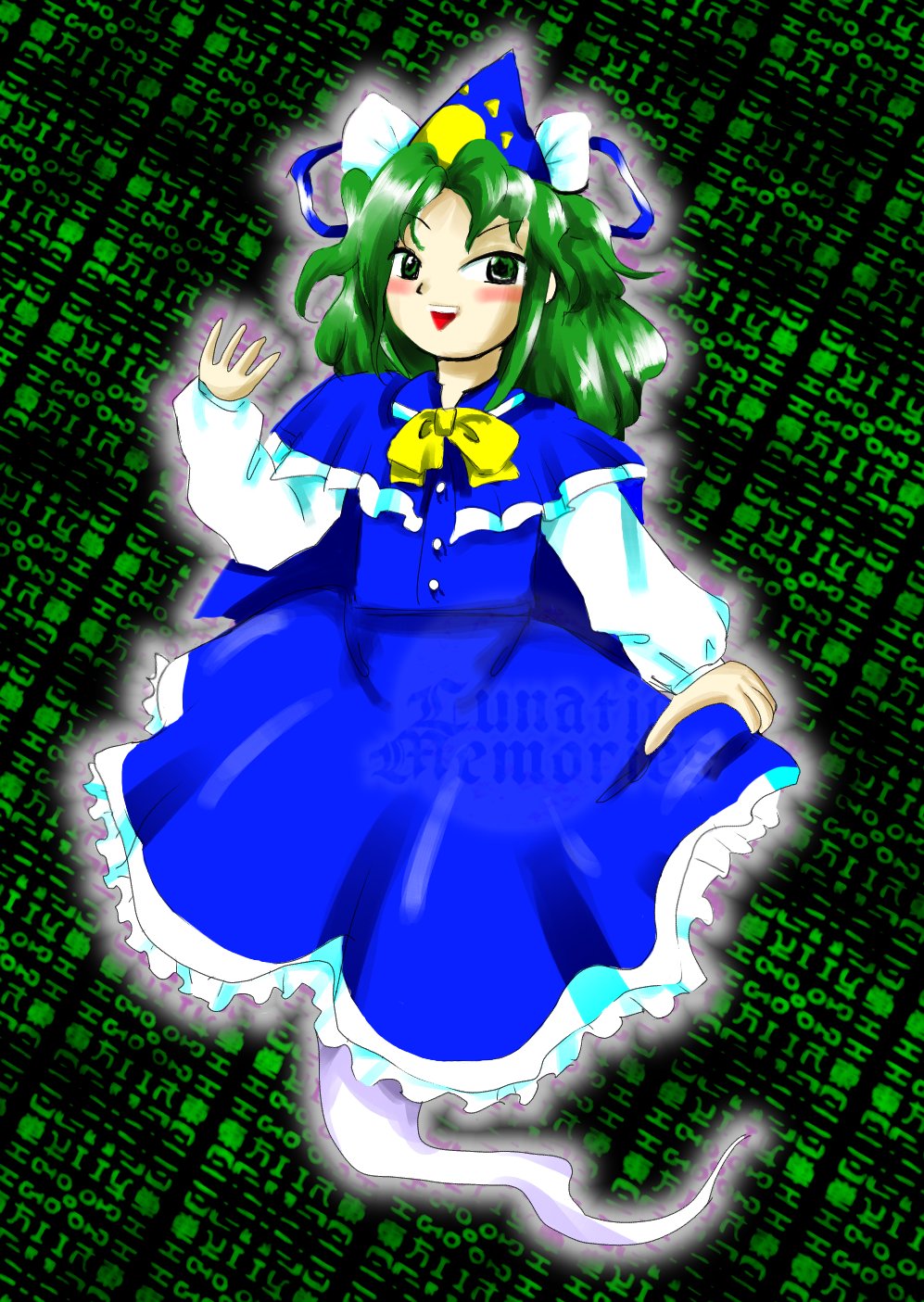 yunarukami, mima (touhou), kioh gyoku, seihou, touhou, touhou (pc-98), hashtag-only commentary, highres, 1girl, blue capelet, bow, bowtie, capelet, dress, ghost tail, green eyes, green hair, hat, long hair, long sleeves, open mouth, skirt, sun print, sun symbol, wizard hat, yellow bow, yellow bowtie, zun (style)