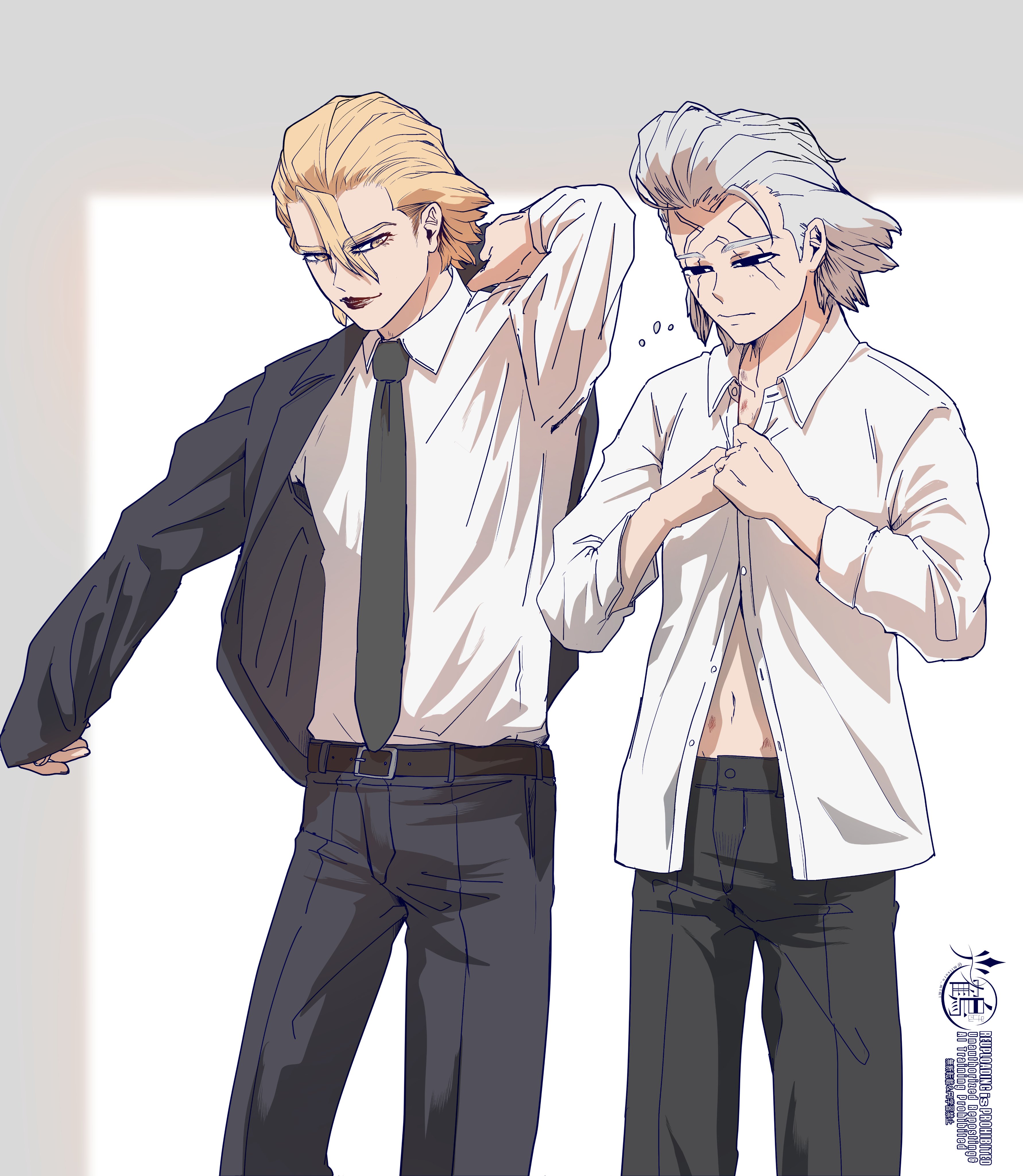 mitsuru (aica hikari), dr. stone, absurdres, highres, 2boys, belt, black jacket, black necktie, black pants, blonde hair, blue eyes, brown belt, closed mouth, collared shirt, dress shirt, dressing, formal clothes, grey background, grey hair, grey necktie, hair between eyes, hair slicked back, jacket, long sleeves, looking down, male focus, multiple boys, navel, necktie, open clothes, pants, scar, scar across eye, scar on face, shirt, short hair, smile, standing, stanley snyder (dr.stone), suit, white shirt, xeno (dr.stone)
