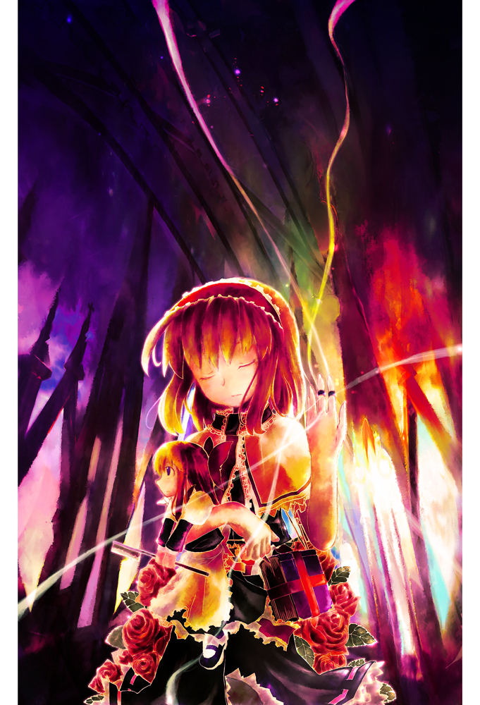 ukihashi, ukihashi kei, alice margatroid, shanghai doll, touhou, bad id, bad pixiv id, 1girl, blonde hair, book, capelet, closed eyes, doll, female focus, flower, grimoire, grimoire of alice, hairband, hugging doll, hugging object, jewelry, orange hair, puppet rings, puppet strings, red flower, red rose, ring, rose, short hair, solo