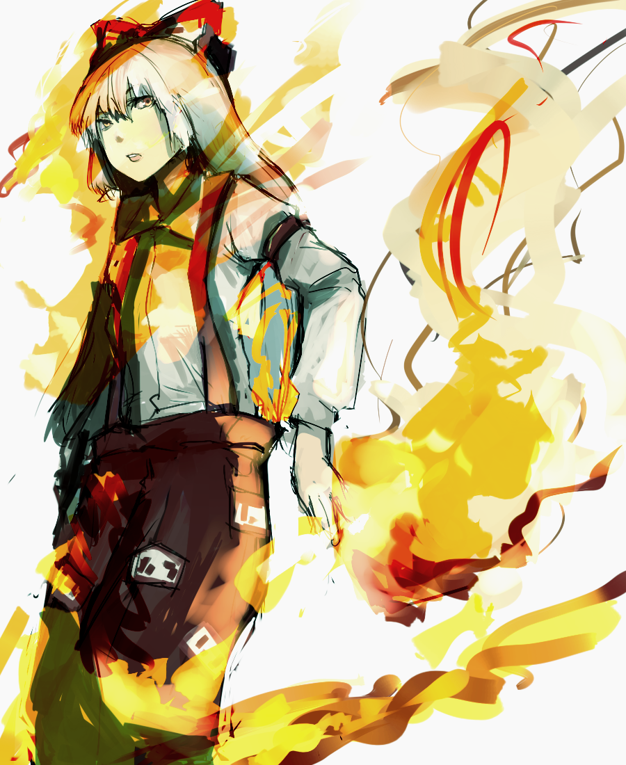 un-known (ninesix), fujiwara no mokou, touhou, bad id, bad pixiv id, 1girl, female focus, fire, solo