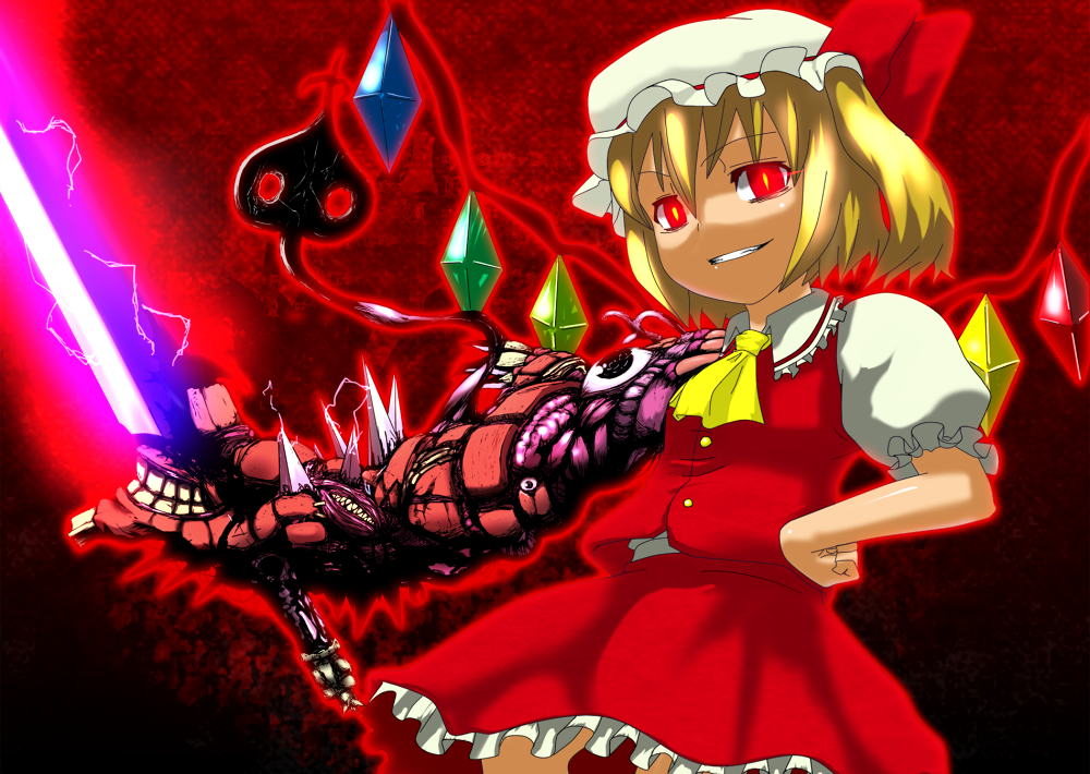 soubi, flandre scarlet, akira (manga), embodiment of scarlet devil, touhou, 1girl, blonde hair, female focus, hat, mutation, parody, ponytail, red eyes, short hair, side ponytail, solo, sword, weapon, wings