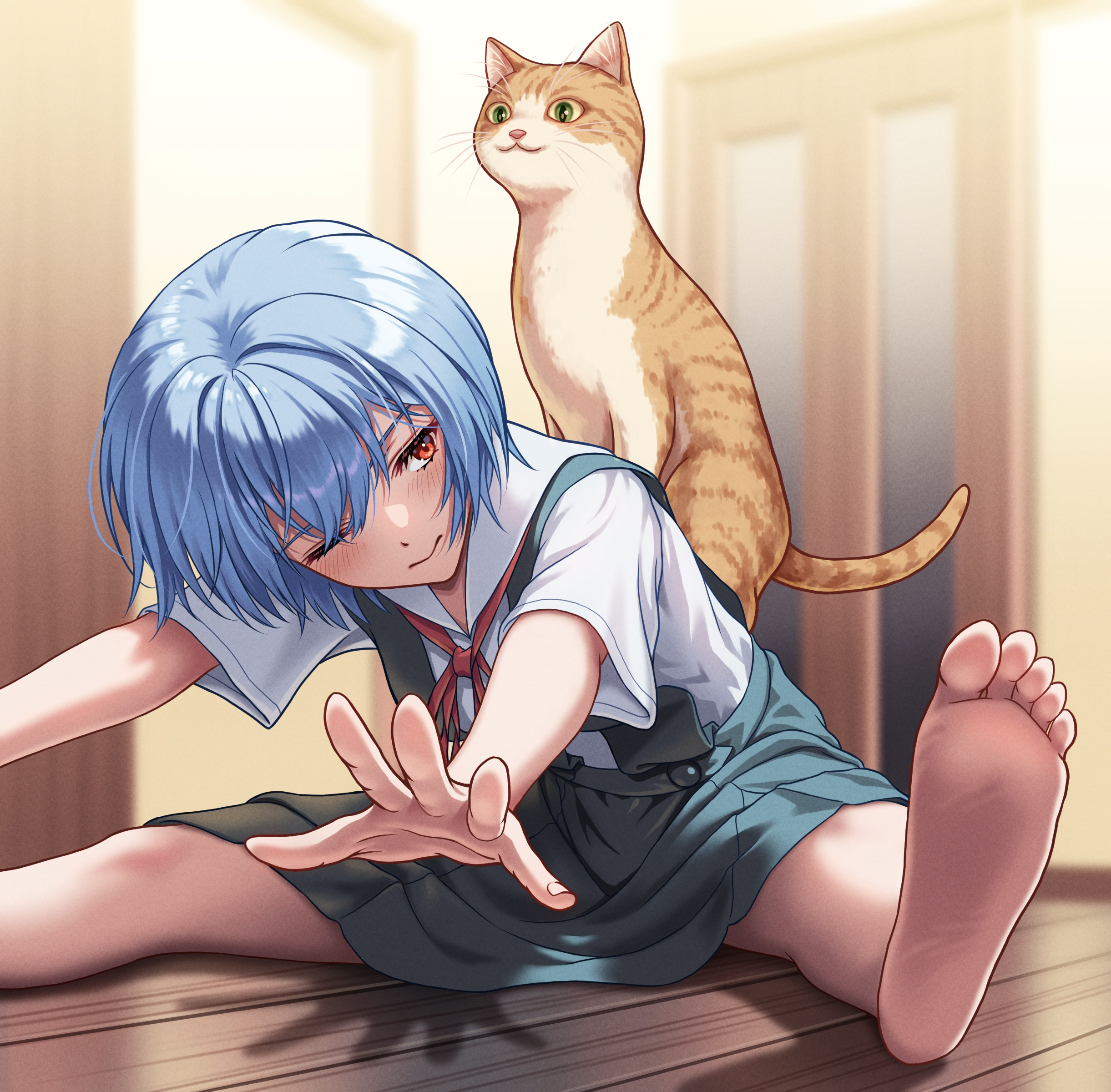 yahha, ayanami rei, neon genesis evangelion, absurdres, commentary, highres, 1girl, animal ear fluff, animal on back, aqua skirt, barefoot, blue hair, blurry, blurry background, blush, bow, bowtie, cat, cat on person, closed mouth, collared shirt, depth of field, door, dress shirt, eyelashes, hair between eyes, indoors, leaning forward, light smile, neck ribbon, on floor, one eye closed, orange cat, outstretched legs, pleated skirt, reaching, reaching towards viewer, red bow, red bowtie, red eyes, red ribbon, ribbon, school uniform, shadow, shirt, short hair, sitting, skirt, smile, soles, solo, spread legs, stretching, suspender skirt, suspenders, toes, tokyo-3 middle school uniform, white shirt, wooden floor