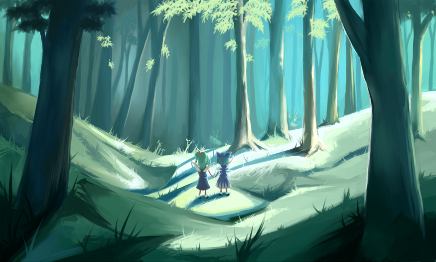 katagi ren, cirno, daiyousei, embodiment of scarlet devil, touhou, bad id, bad pixiv id, 2girls, blue hair, chibi, dress, forest, green hair, hair ribbon, holding hands, leaf, multiple girls, nature, ribbon, scenery, shadow, tree, wings