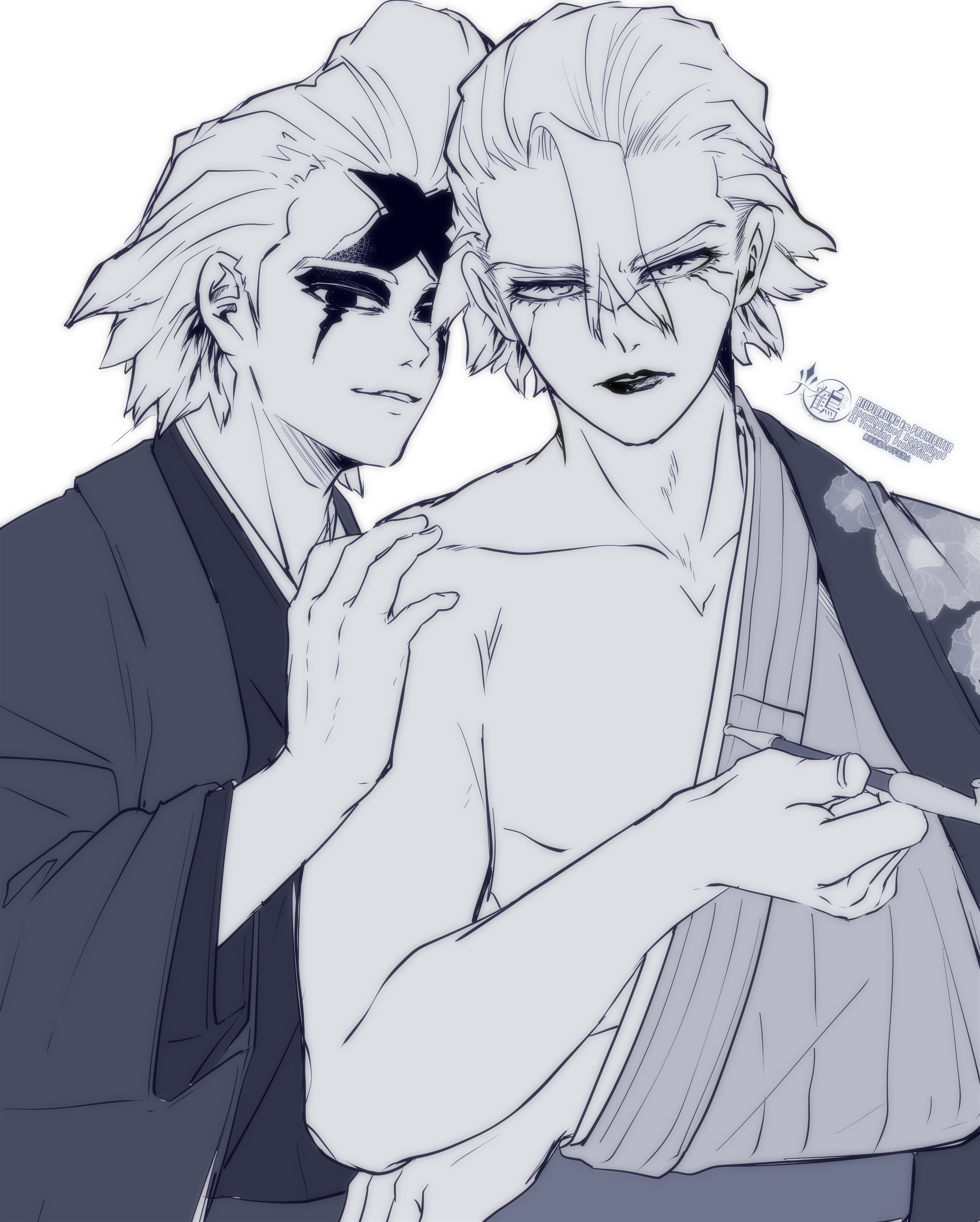 mitsuru (aica hikari), dr. stone, absurdres, highres, 2boys, alternate costume, collarbone, hair between eyes, hand on another's shoulder, holding, holding smoking pipe, japanese clothes, kimono, lipstick, looking at viewer, makeup, male focus, monochrome, multiple boys, parted lips, short hair, simple background, single bare shoulder, smile, smoking pipe, stanley snyder (dr.stone), upper body, white background, xeno (dr.stone)