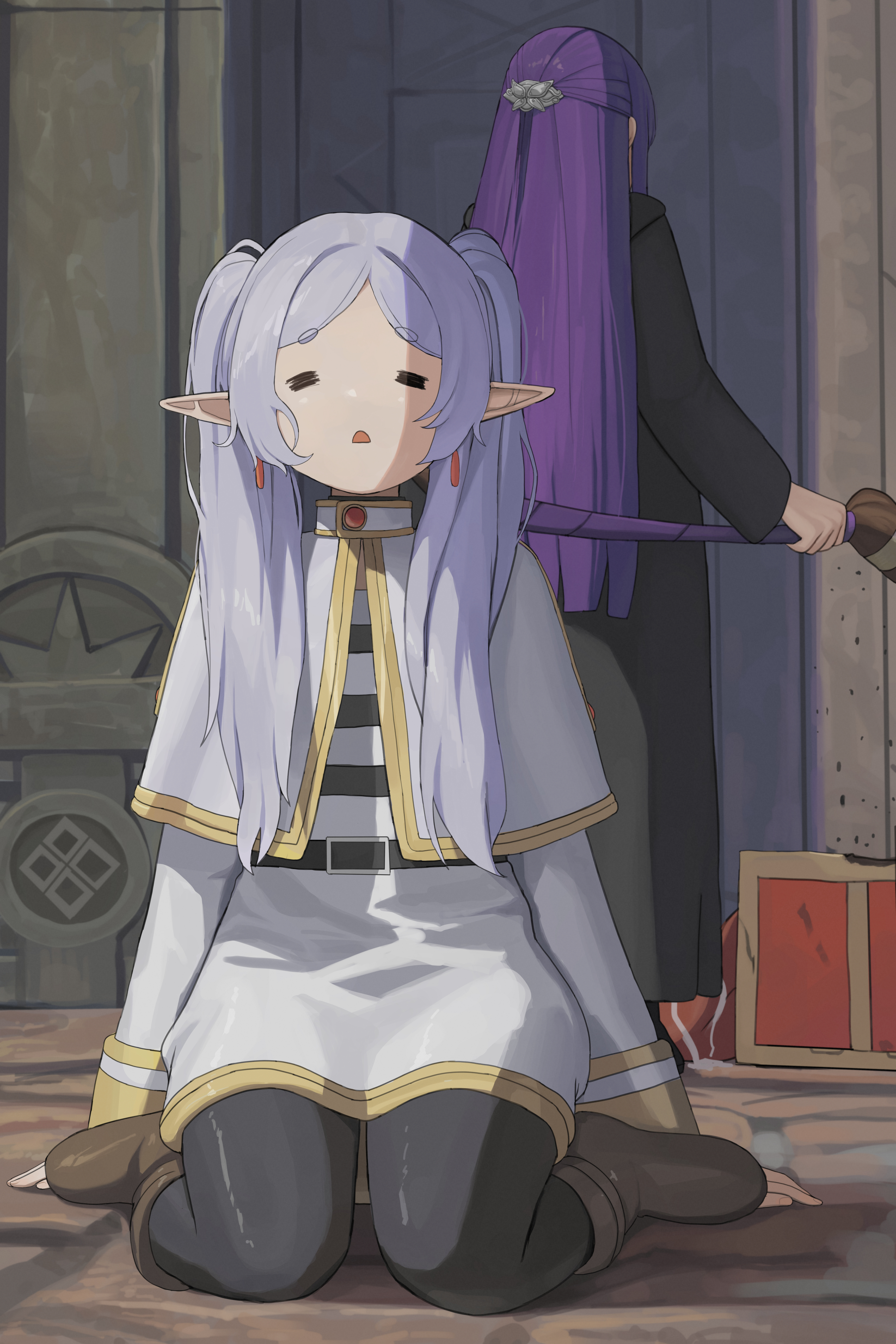 dolri, fern (sousou no frieren), frieren, sousou no frieren, absurdres, commentary, highres, 2girls, belt, black belt, black coat, black pants, boots, brown boots, capelet, coat, earrings, elf, grey hair, holding, holding staff, jewelry, long hair, mage staff, mimic, multiple girls, pants, pointy ears, purple hair, saliva, sitting, staff, standing, tongue, white capelet