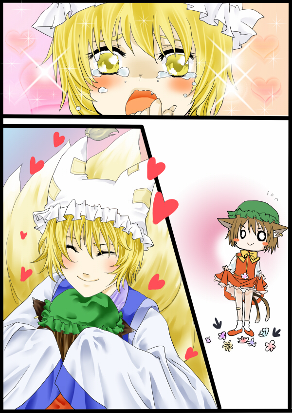 furoya, chen, yakumo ran, touhou, 2girls, animal ears, animal hat, blonde hair, blush stickers, brown hair, cat ears, cat girl, cat tail, earrings, fang, female focus, flower, fox tail, hat, heart, jewelry, long sleeves, mob cap, multiple girls, multiple tails, open mouth, shoes, short hair, sleeves past wrists, socks, tail, tassel, tears, white background, yellow eyes
