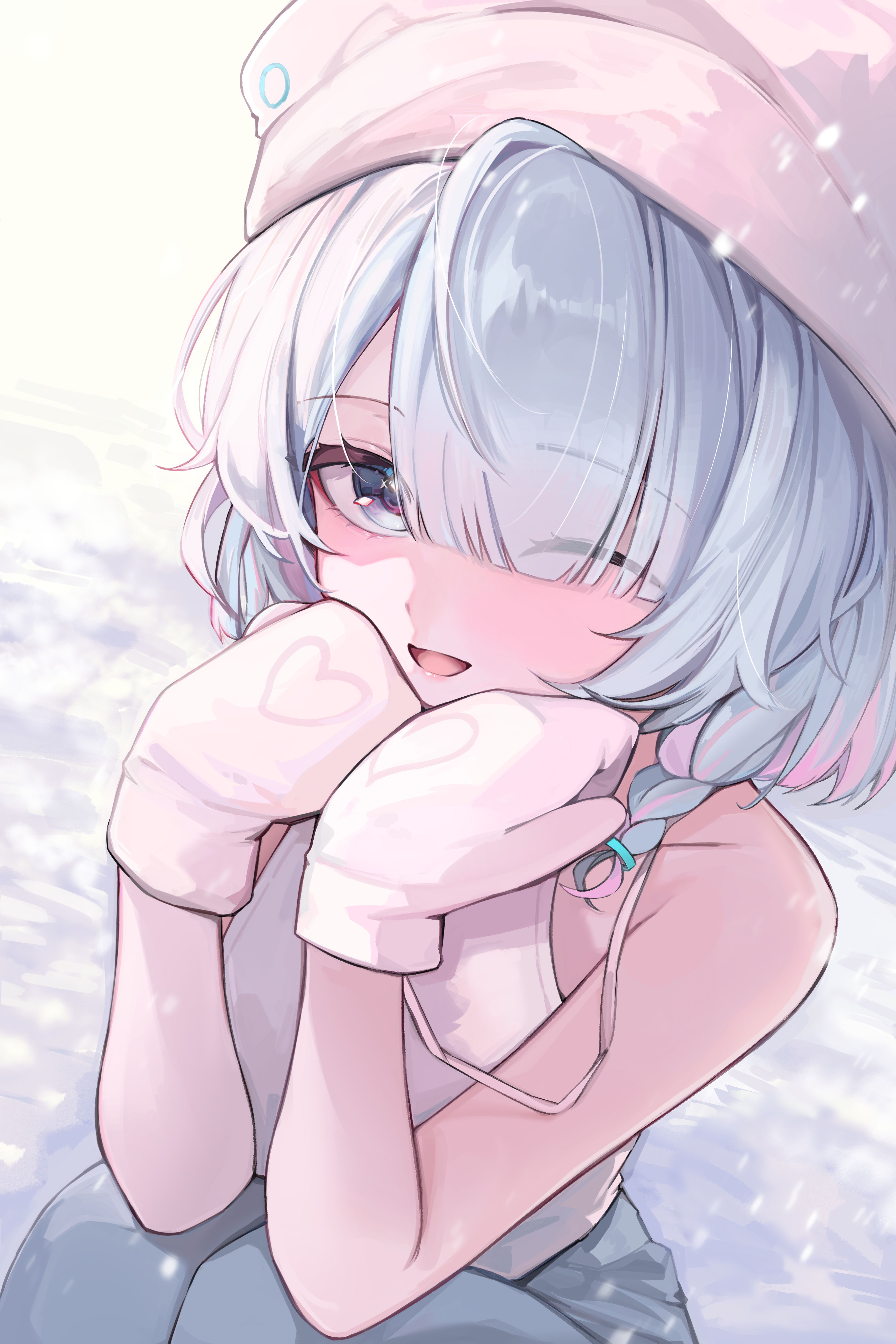 ximgyeon, arona (blue archive), blue archive, absurdres, highres, 1girl, alternate costume, bare shoulders, blue eyes, blue hair, blue pants, blush, braid, colored inner hair, eyes visible through hair, gloves, hair over one eye, hat, looking at viewer, multicolored hair, one eye closed, open mouth, pants, pink hair, short hair, sidelocks, single braid, snow, solo, tank top, two-tone hair, white gloves, white hat, white tank top