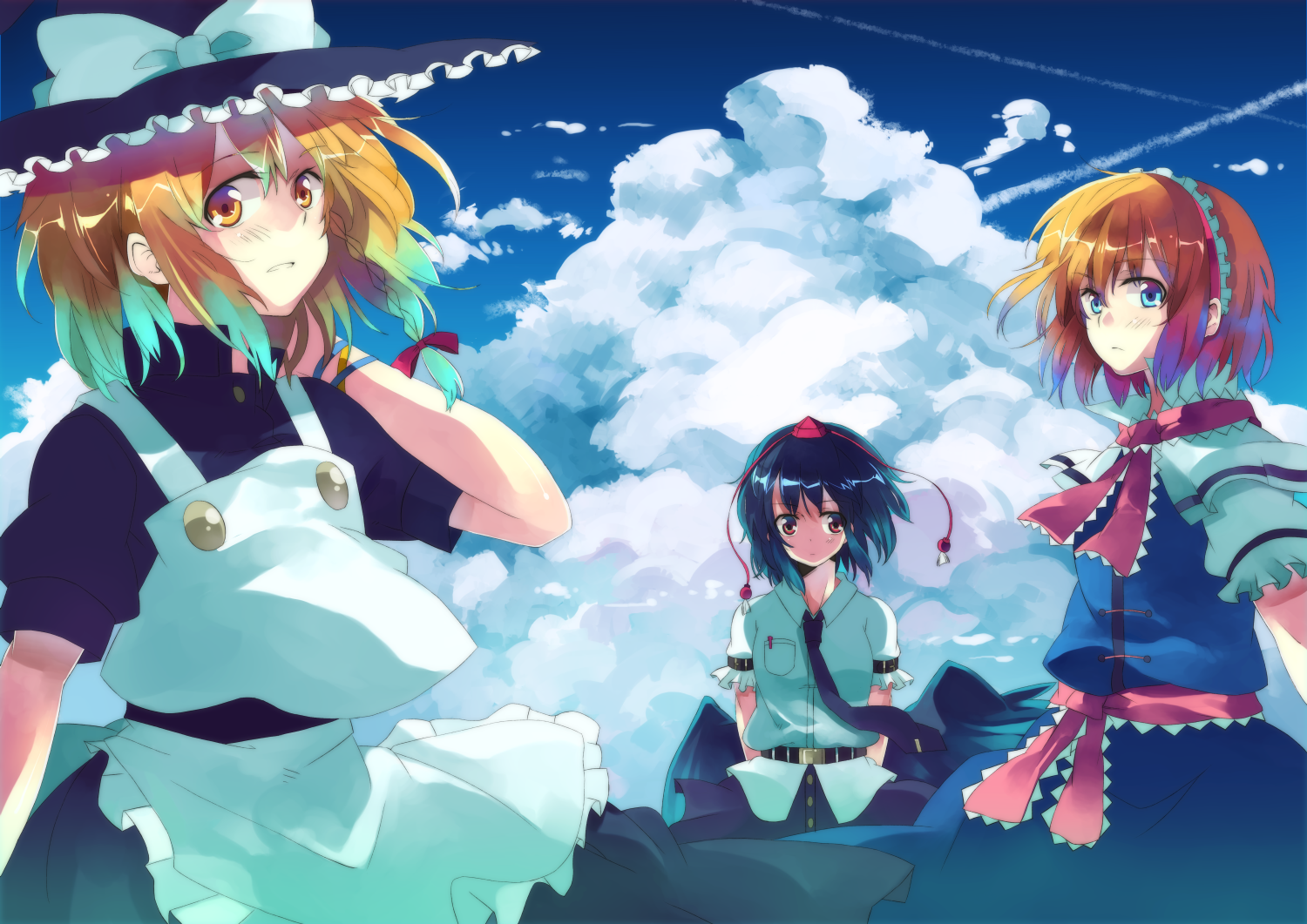 kimino, kimino tomonari, alice margatroid, kirisame marisa, shameimaru aya, touhou, bad id, bad pixiv id, 3girls, black hair, blonde hair, blue eyes, braid, female focus, hairband, hat, multiple girls, red eyes, short hair, tokin hat, witch, witch hat, yellow eyes