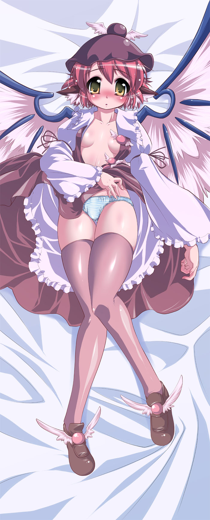 nikusho, omorashi myschi, mystia lorelei, touhou, winged footwear, highres, 1girl, animal ears, blush, dakimakura (medium), female focus, full body, hat, lying, panties, pink hair, shoes, short hair, solo, striped clothes, striped panties, thighhighs, underwear, wings, yellow eyes