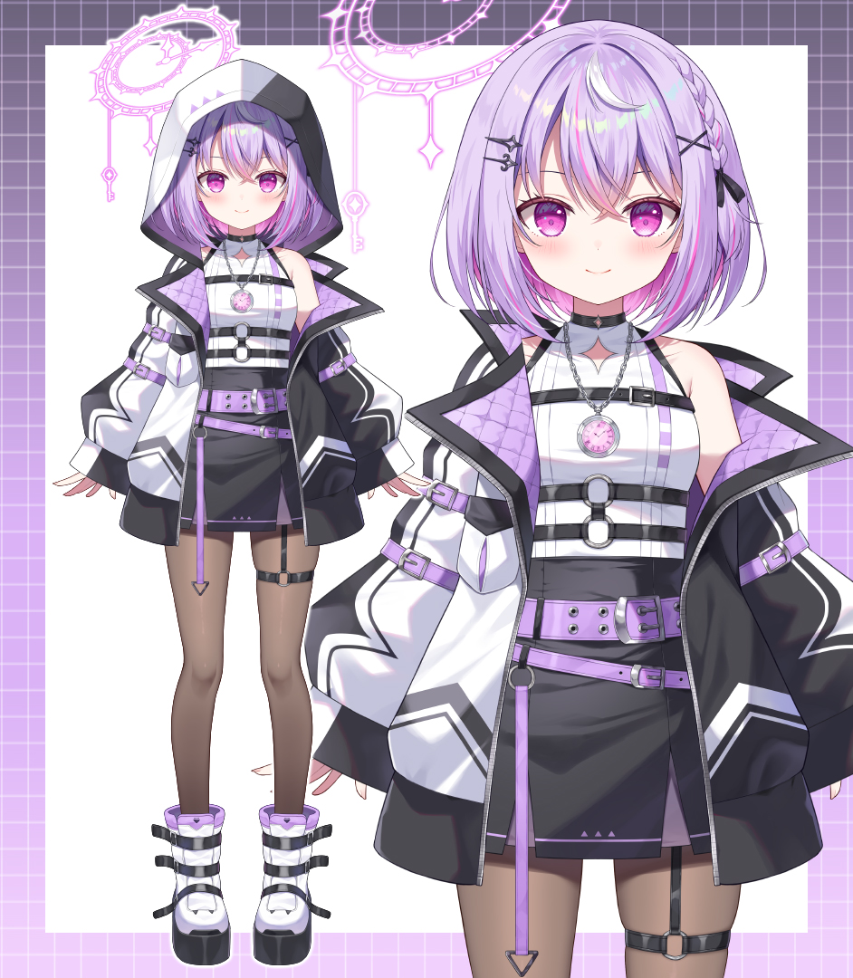 mauve, re:act, character request, check character, check copyright, commentary request, copyright request, official art, textless version, 1girl, bare shoulders, black jacket, black skirt, boots, braid, breasts, brown pantyhose, closed mouth, hair ornament, hairclip, halo, high-waist skirt, hood, hood up, hooded jacket, jacket, kurono suzu, long sleeves, looking at viewer, multicolored hair, multiple views, o-ring, o-ring thigh strap, pantyhose, pink hair, pocket watch, puffy long sleeves, puffy sleeves, purple eyes, purple hair, roman numeral, shirt, short hair, skindentation, skirt, sleeveless, sleeveless shirt, sleeves past wrists, small breasts, smile, streaked hair, thigh strap, two-tone hair, virtual youtuber, watch, white background, white boots, white jacket, white shirt, x hair ornament, zoom layer
