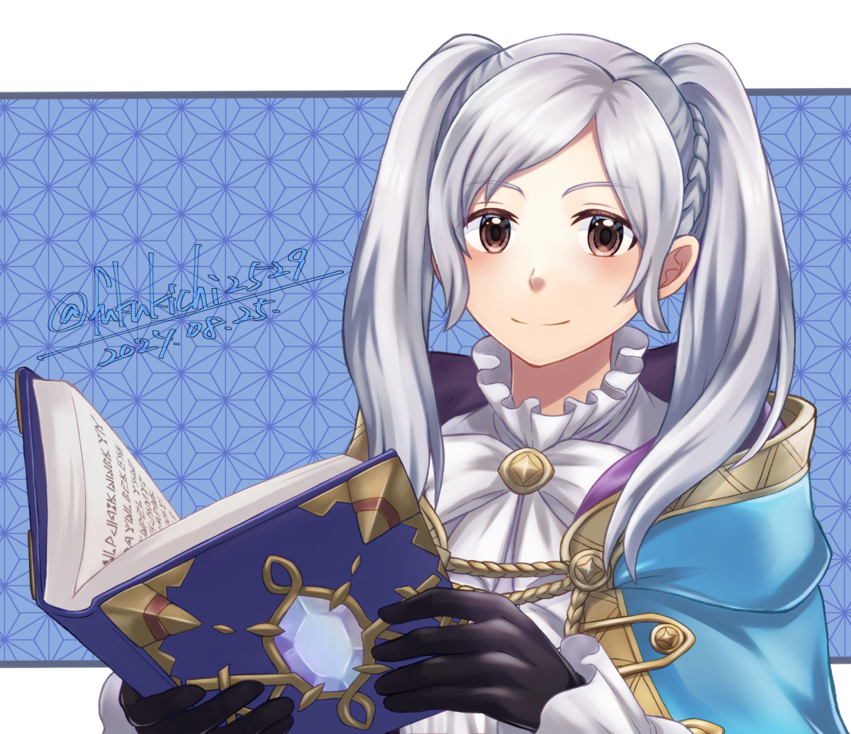 fukukichi2529, female robin (exalt's right hand) (fire emblem), female robin (fire emblem), fire emblem, fire emblem awakening, fire emblem heroes, nintendo, 1girl, black gloves, blue cape, book, braid, brown eyes, cape, closed mouth, frilled shirt, frills, gloves, holding, holding book, long hair, long sleeves, looking at viewer, official alternate costume, shirt, smile, solo, swept bangs, twintails, white hair, white shirt